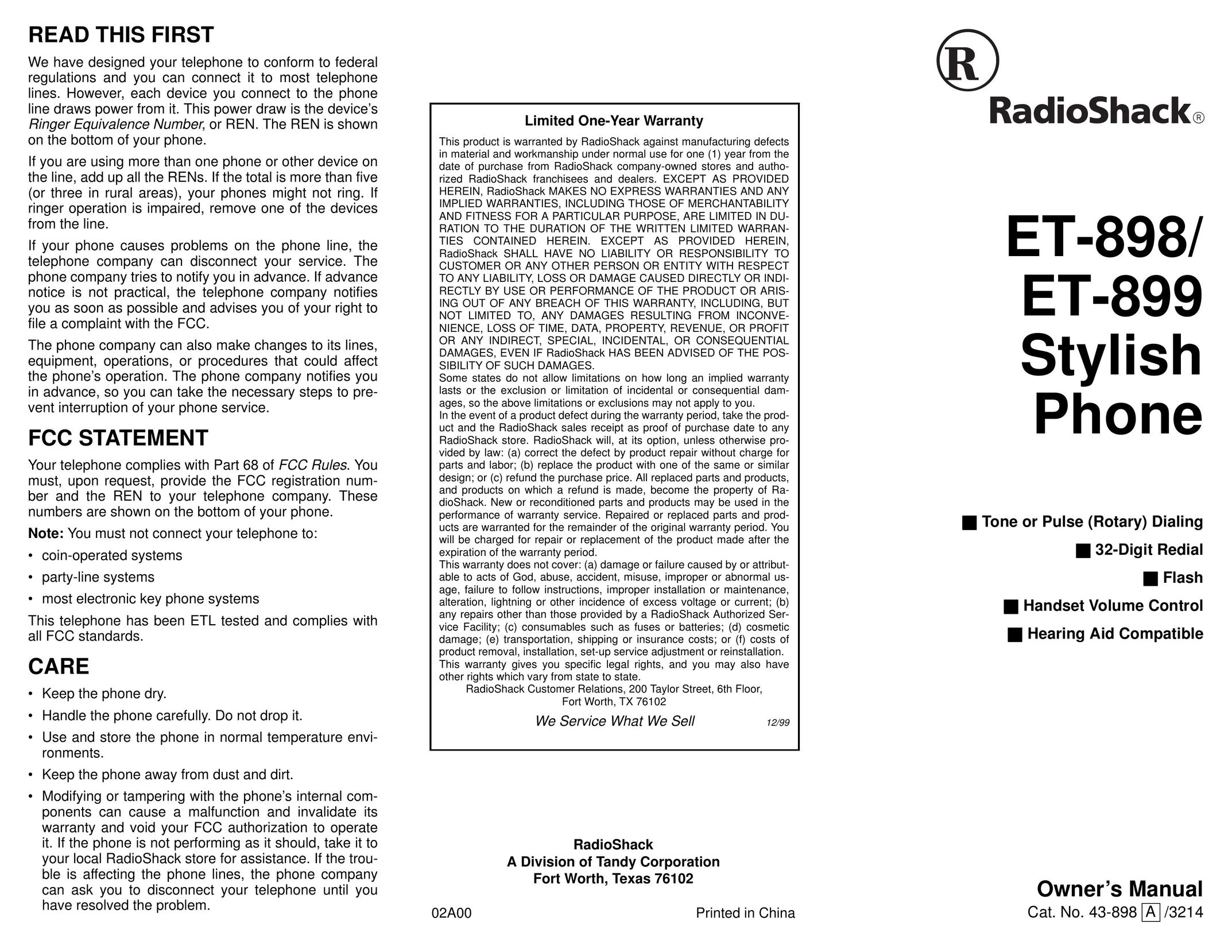 Radio Shack ET-898 Telephone User Manual