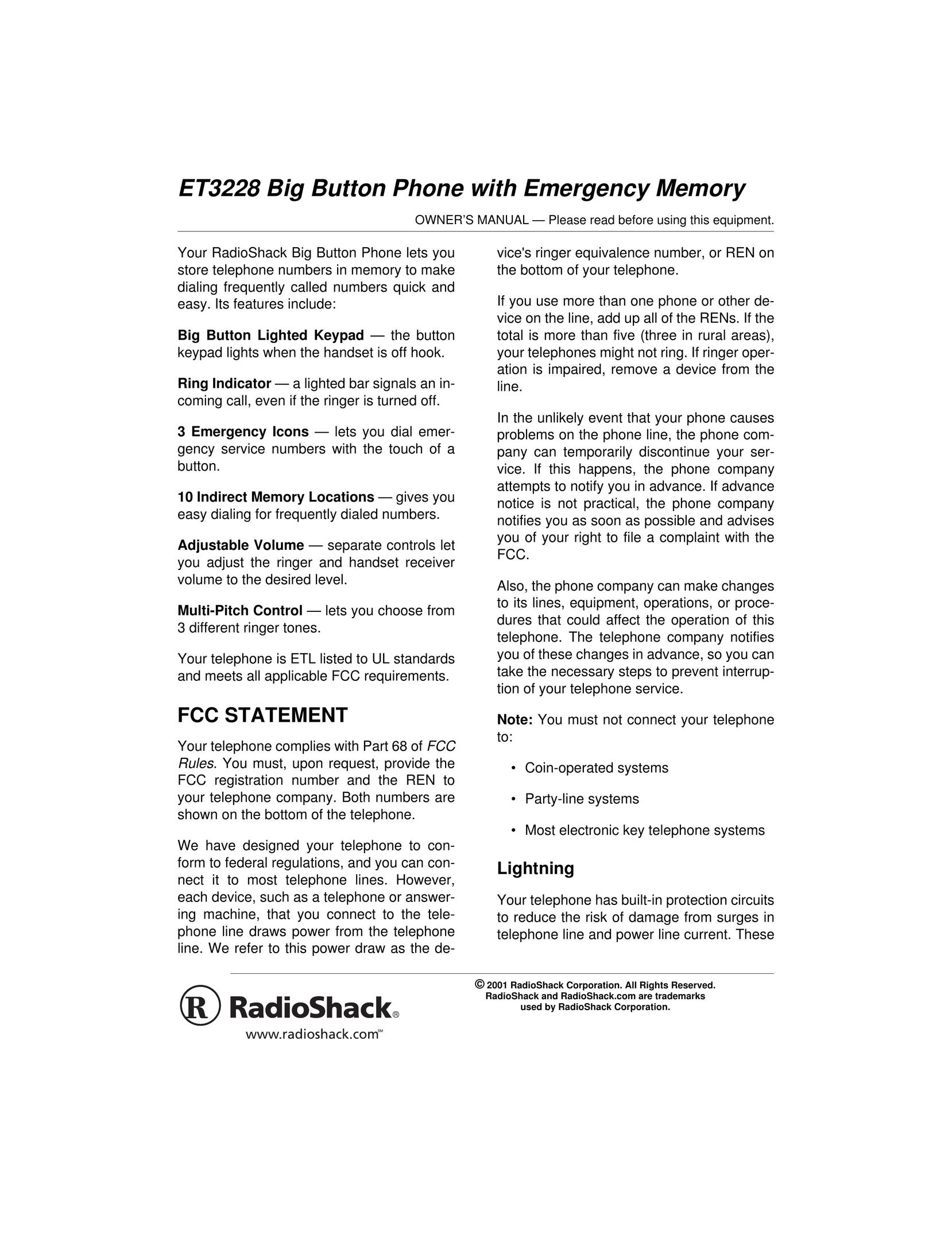 Radio Shack ET3228 Telephone User Manual