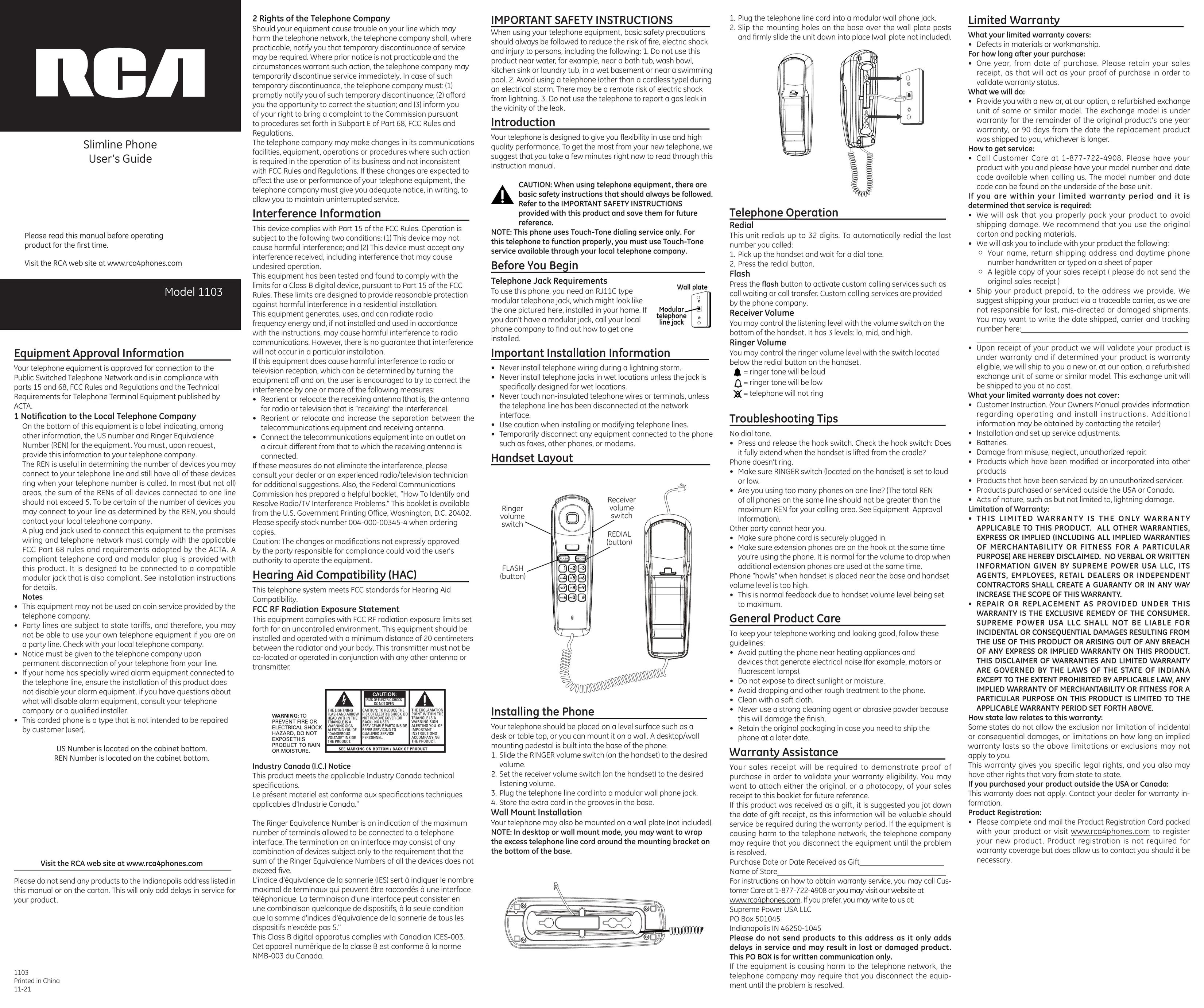 RCA 1103 Telephone User Manual