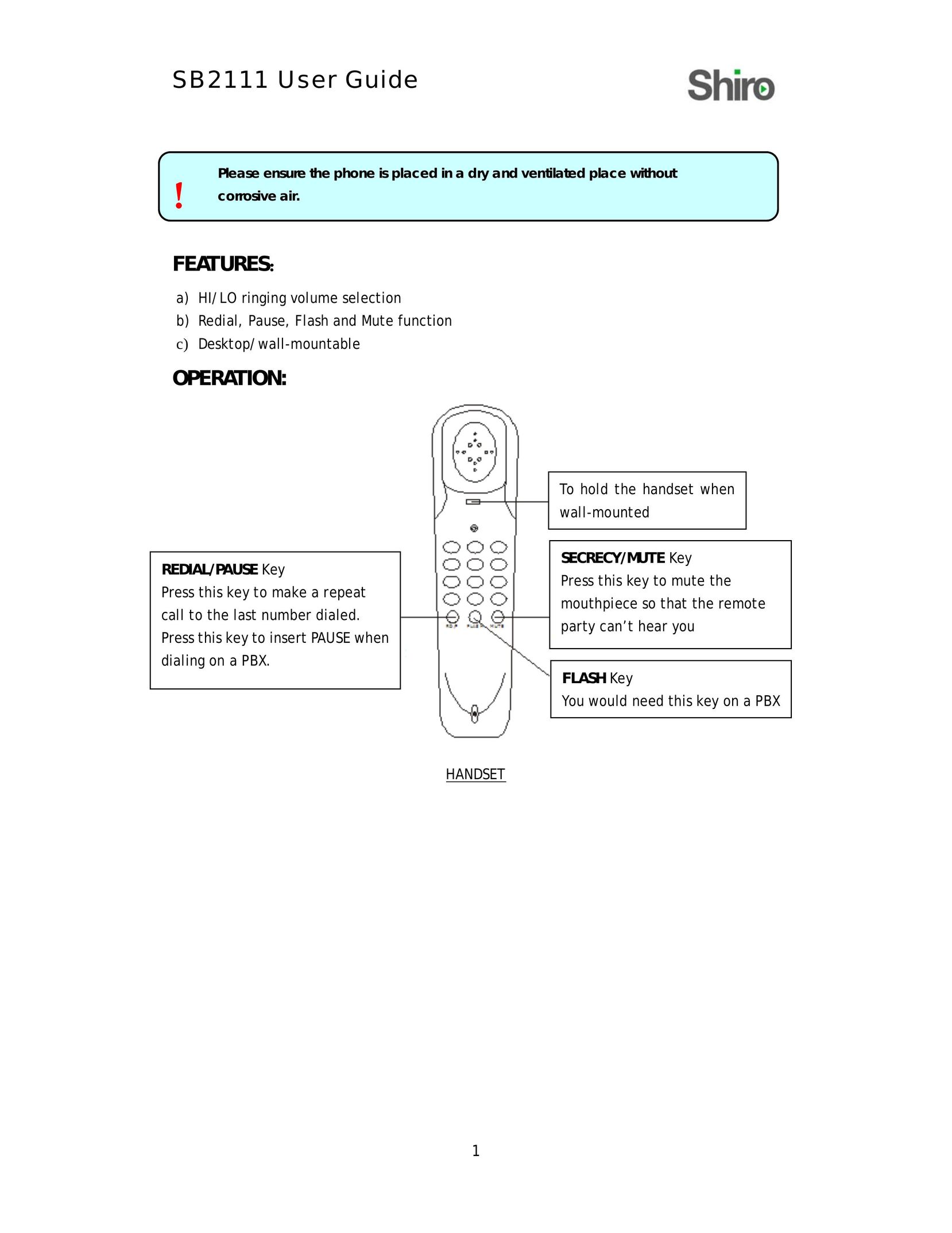 Shiro SB2111 Telephone User Manual