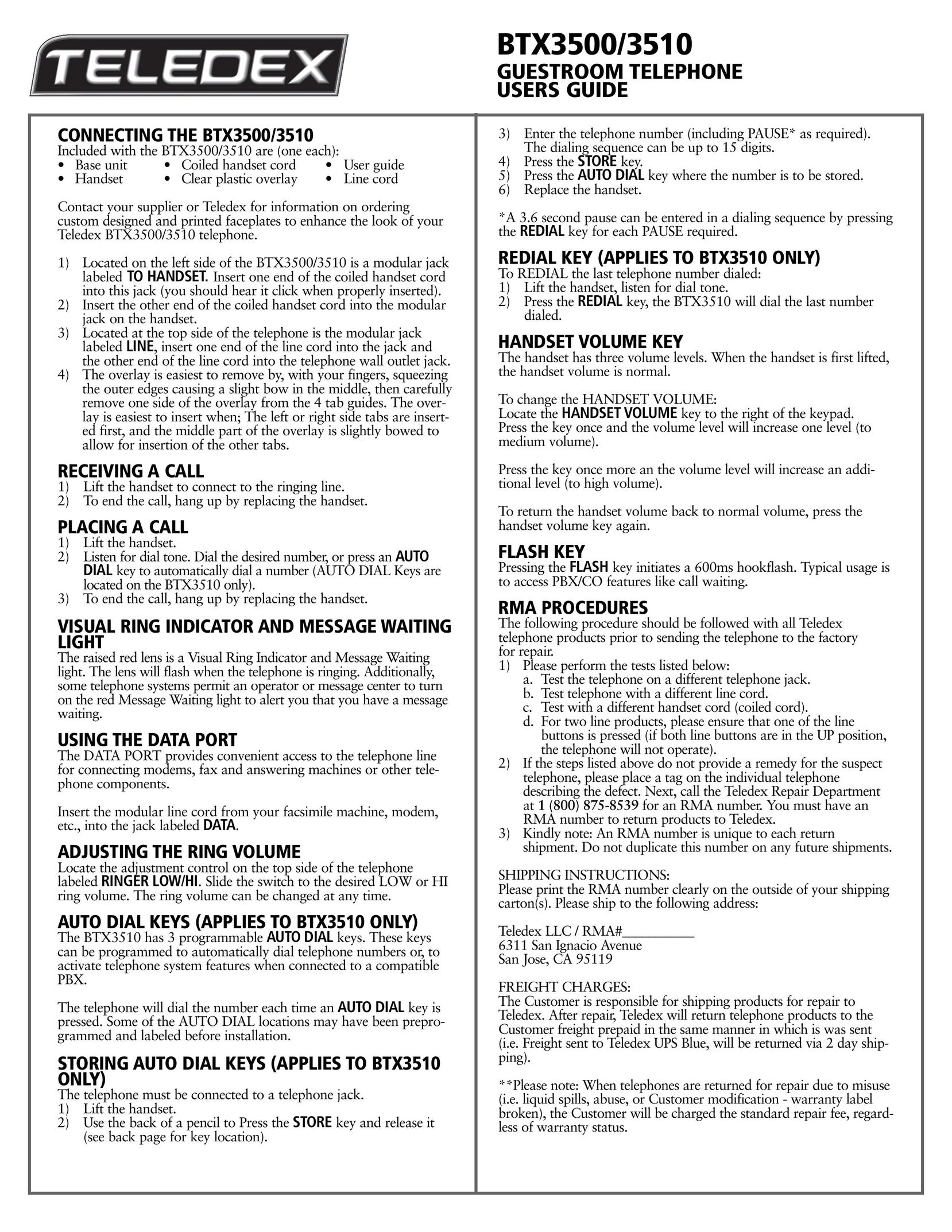 Teledex 606-3510-00A Telephone User Manual