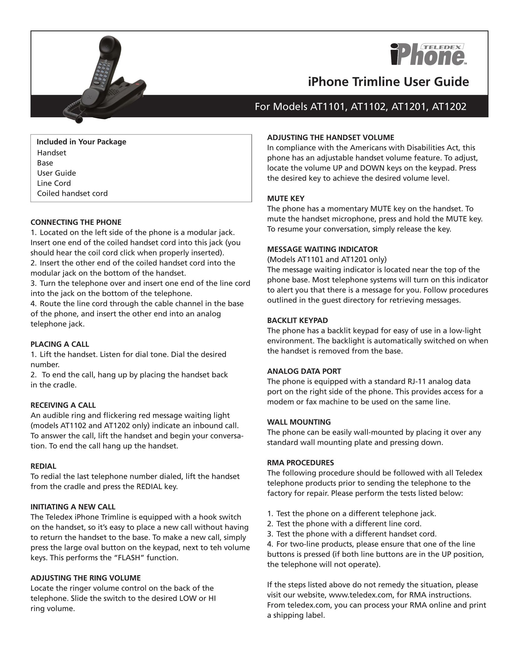 Teledex AT1201 Telephone User Manual