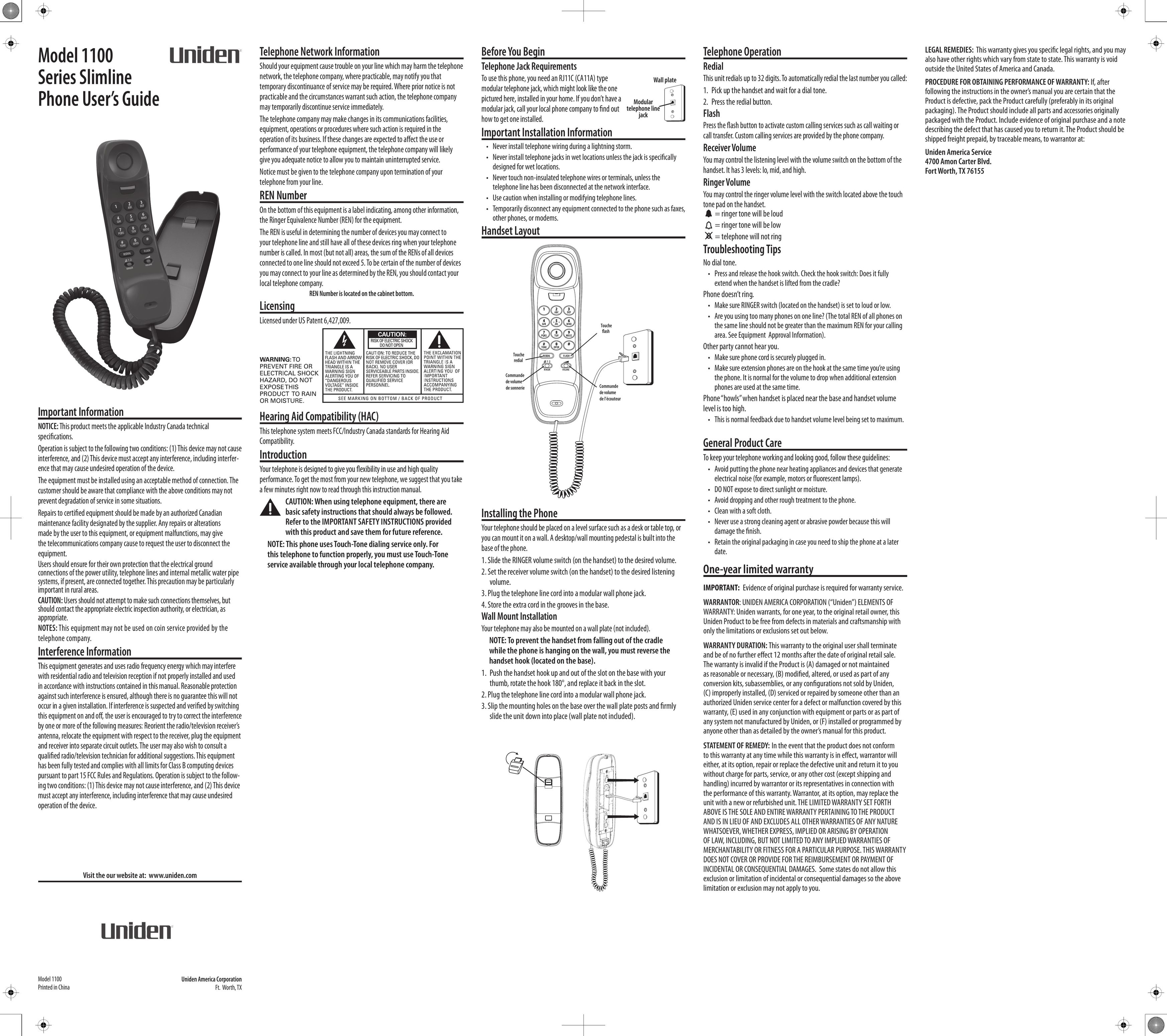 Uniden 1100BK Telephone User Manual