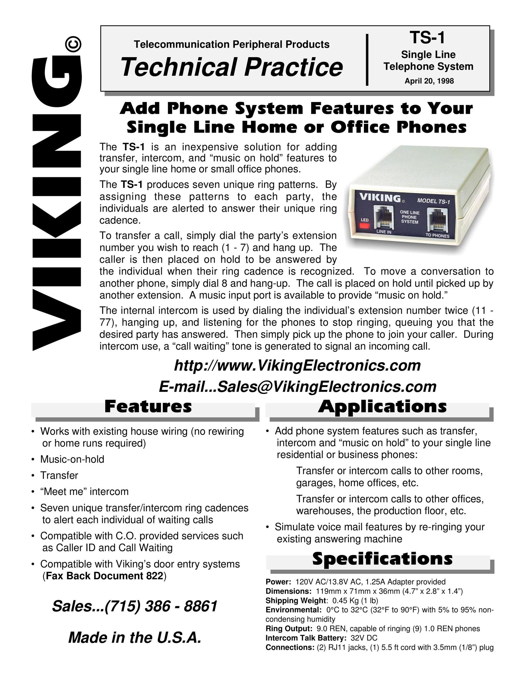 Viking Electronics TS-1 Telephone User Manual