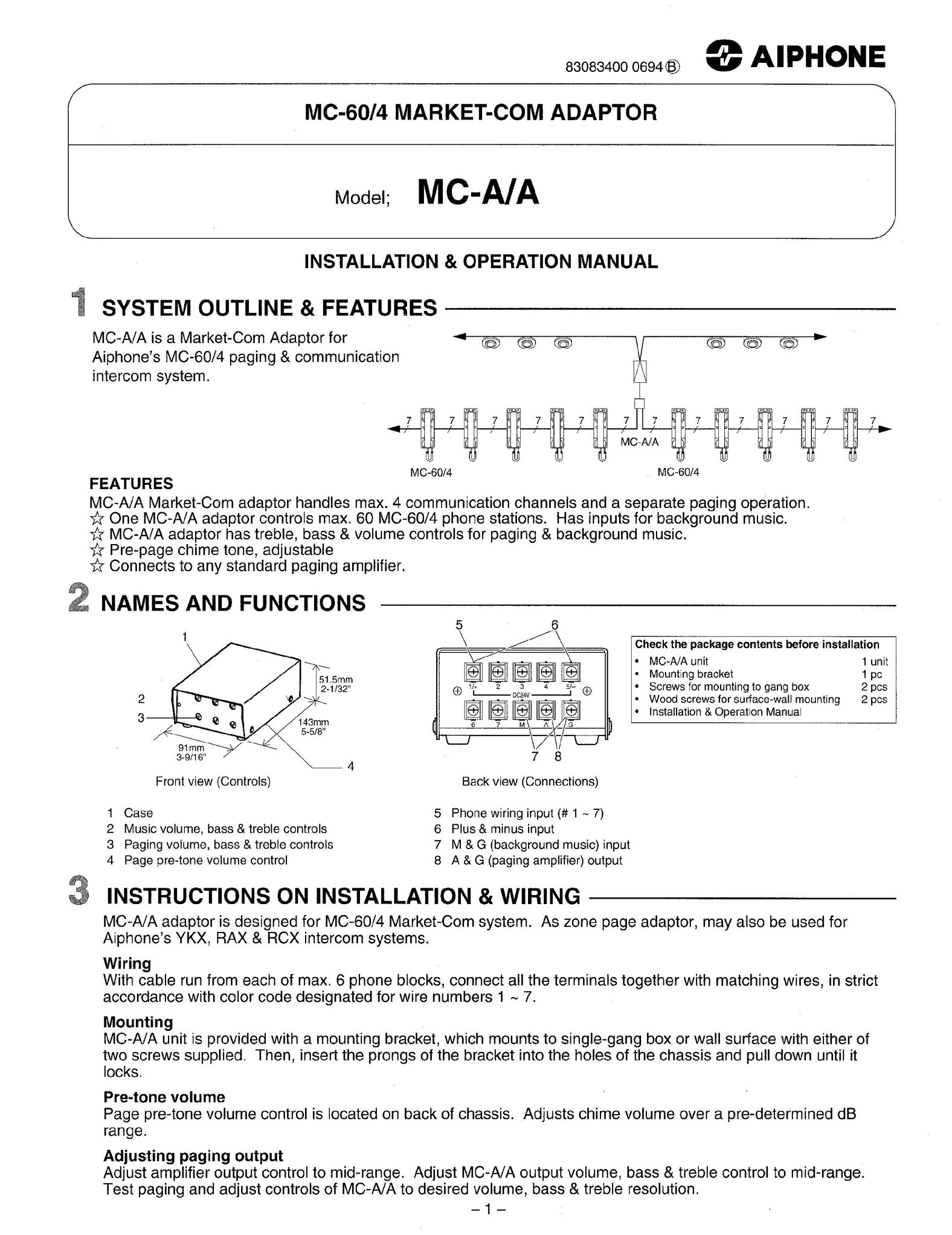 Aiphone MC-A/A Telephone Accessories User Manual