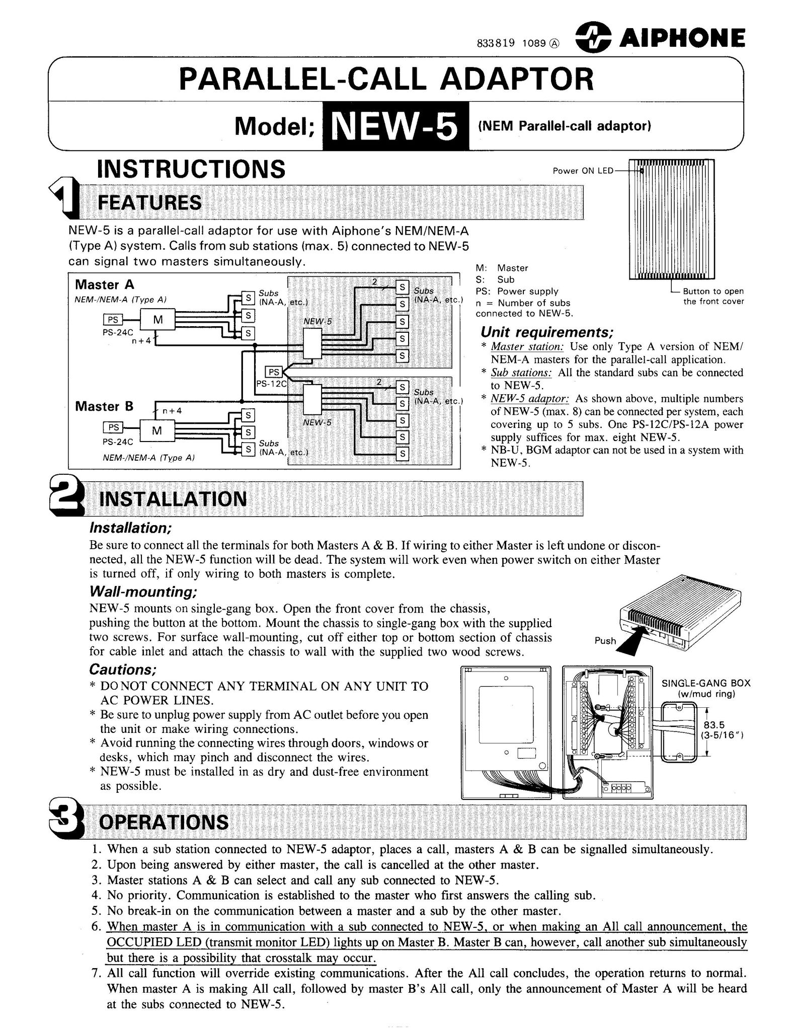 Aiphone NEW-5 Telephone Accessories User Manual