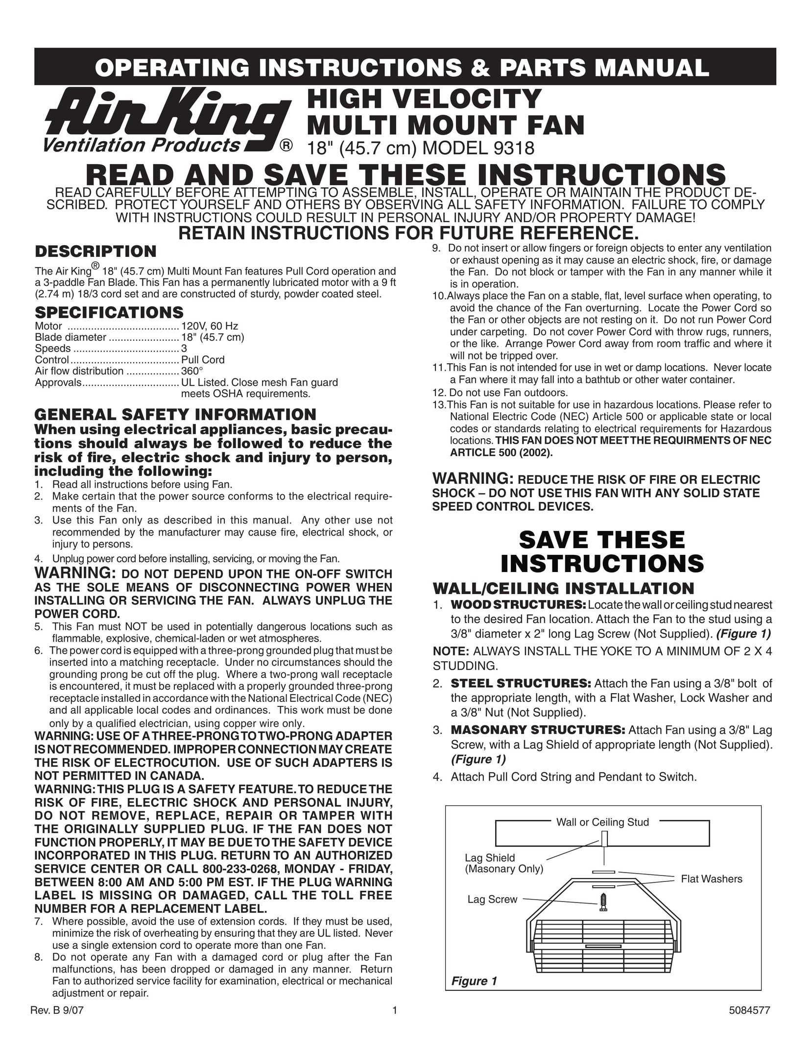 Air King 9318 Telephone Accessories User Manual
