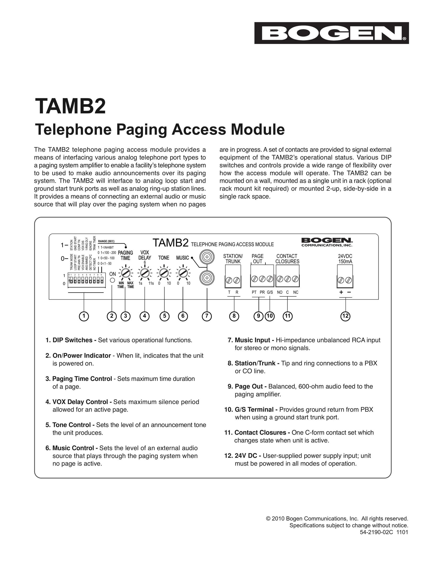 Bogen TAMB2 Telephone Accessories User Manual