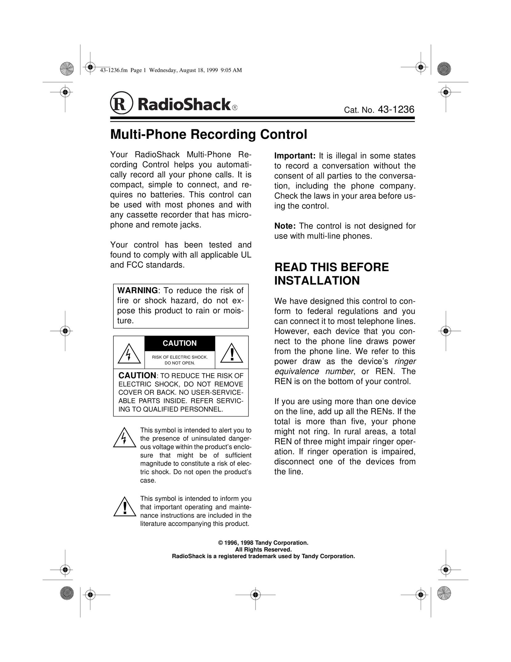 Radio Shack 43-1236 Telephone Accessories User Manual