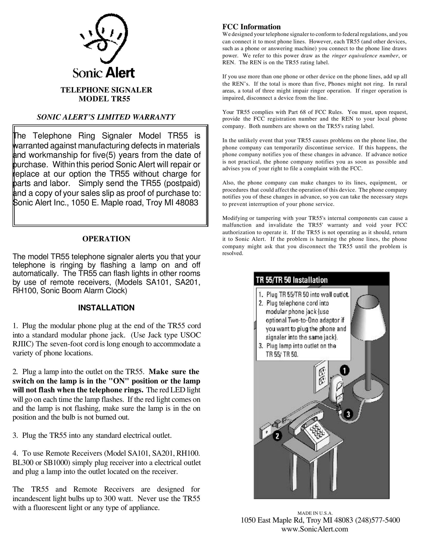Sonic Alert TR55 Telephone Accessories User Manual