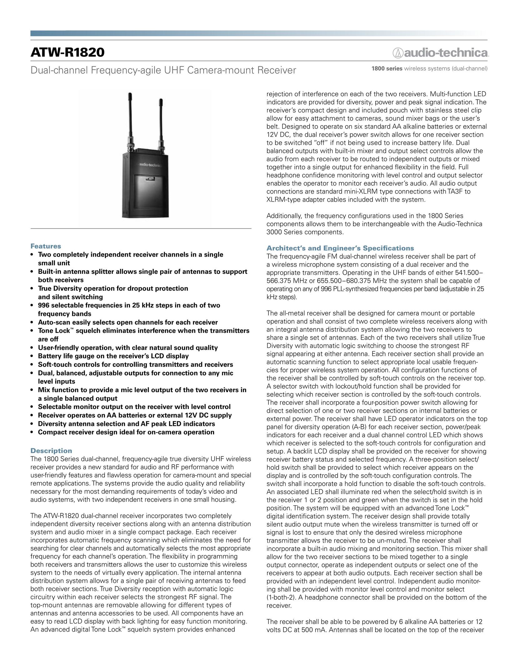 Audio-Technica ATW-R1820 Two-Way Radio User Manual