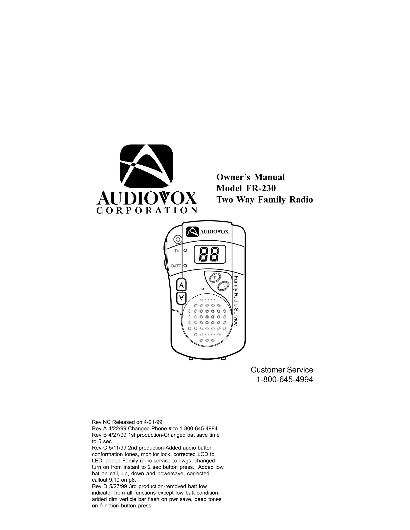 Audiovox FR-230 Two-Way Radio User Manual