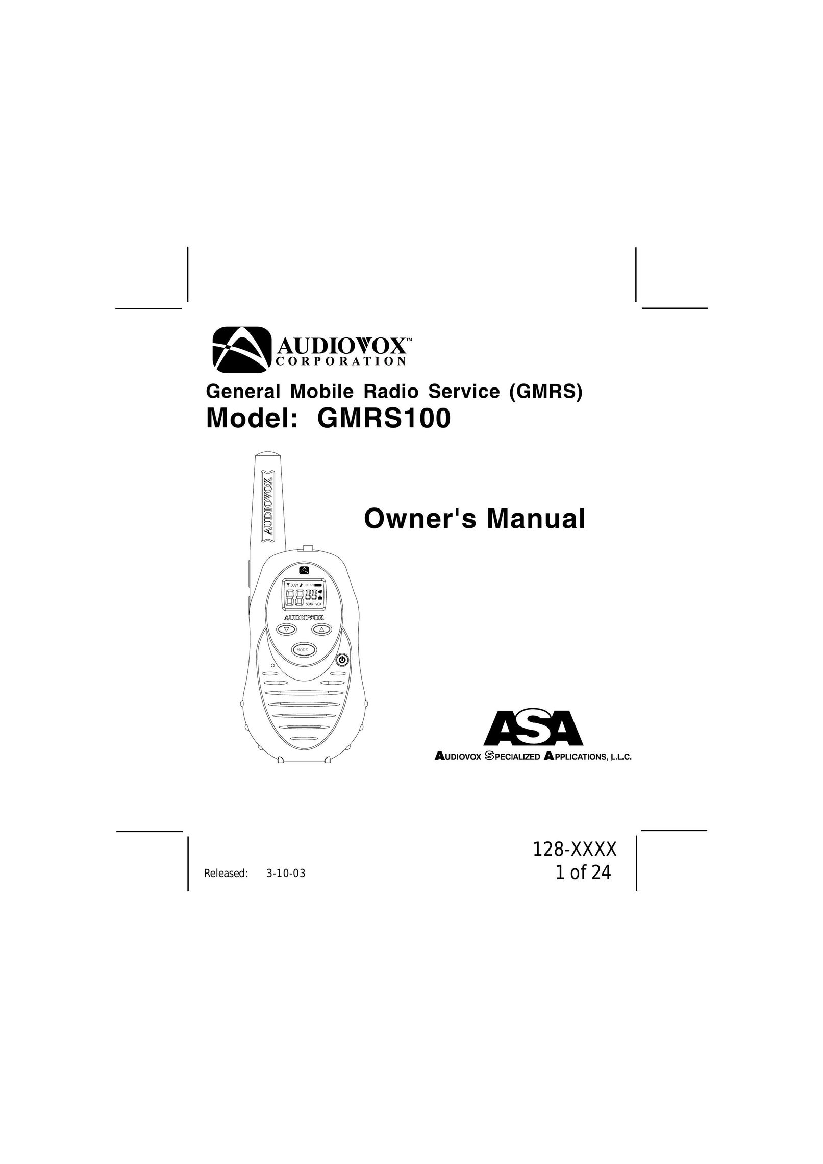 Audiovox GMRS100 Two-Way Radio User Manual