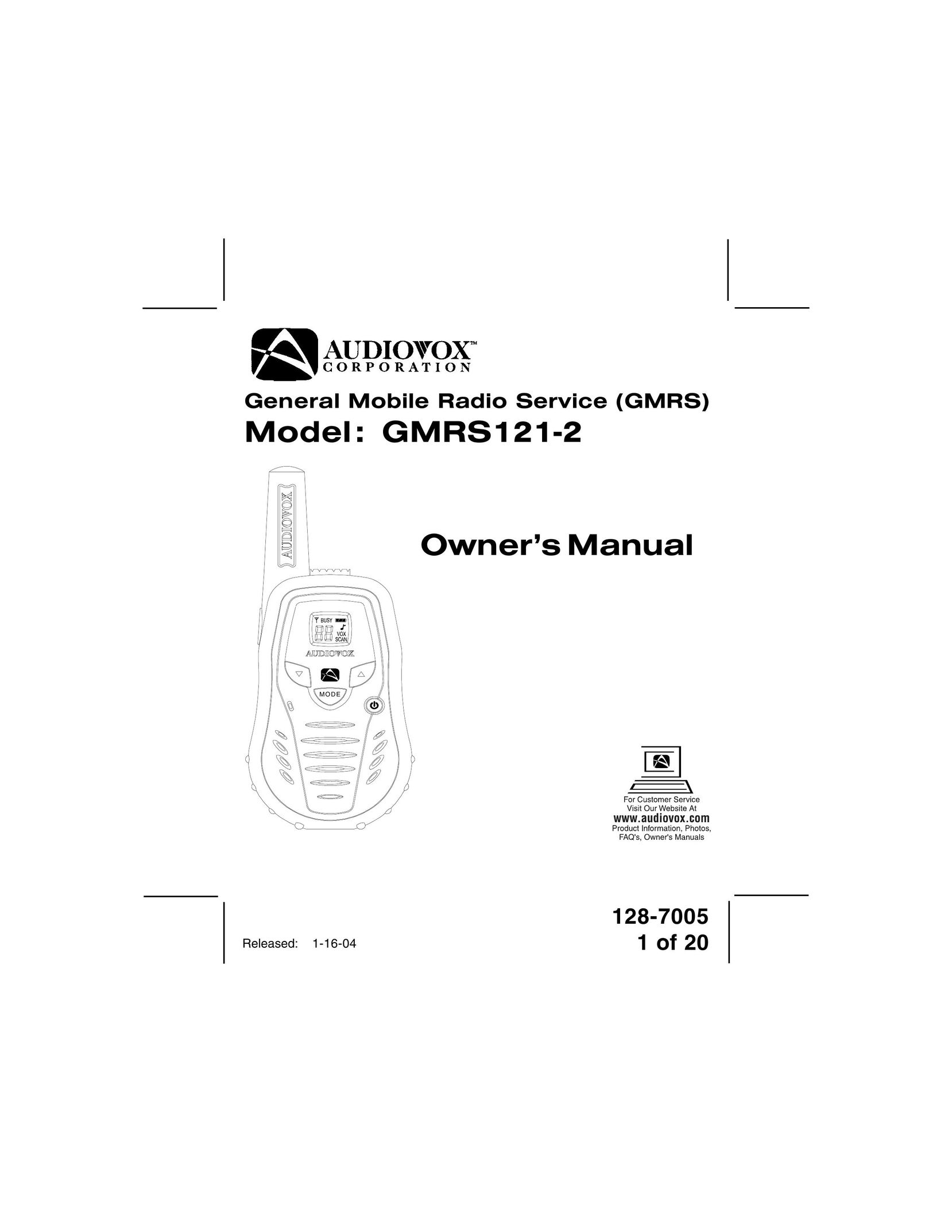 Audiovox GMRS121-2 Two-Way Radio User Manual
