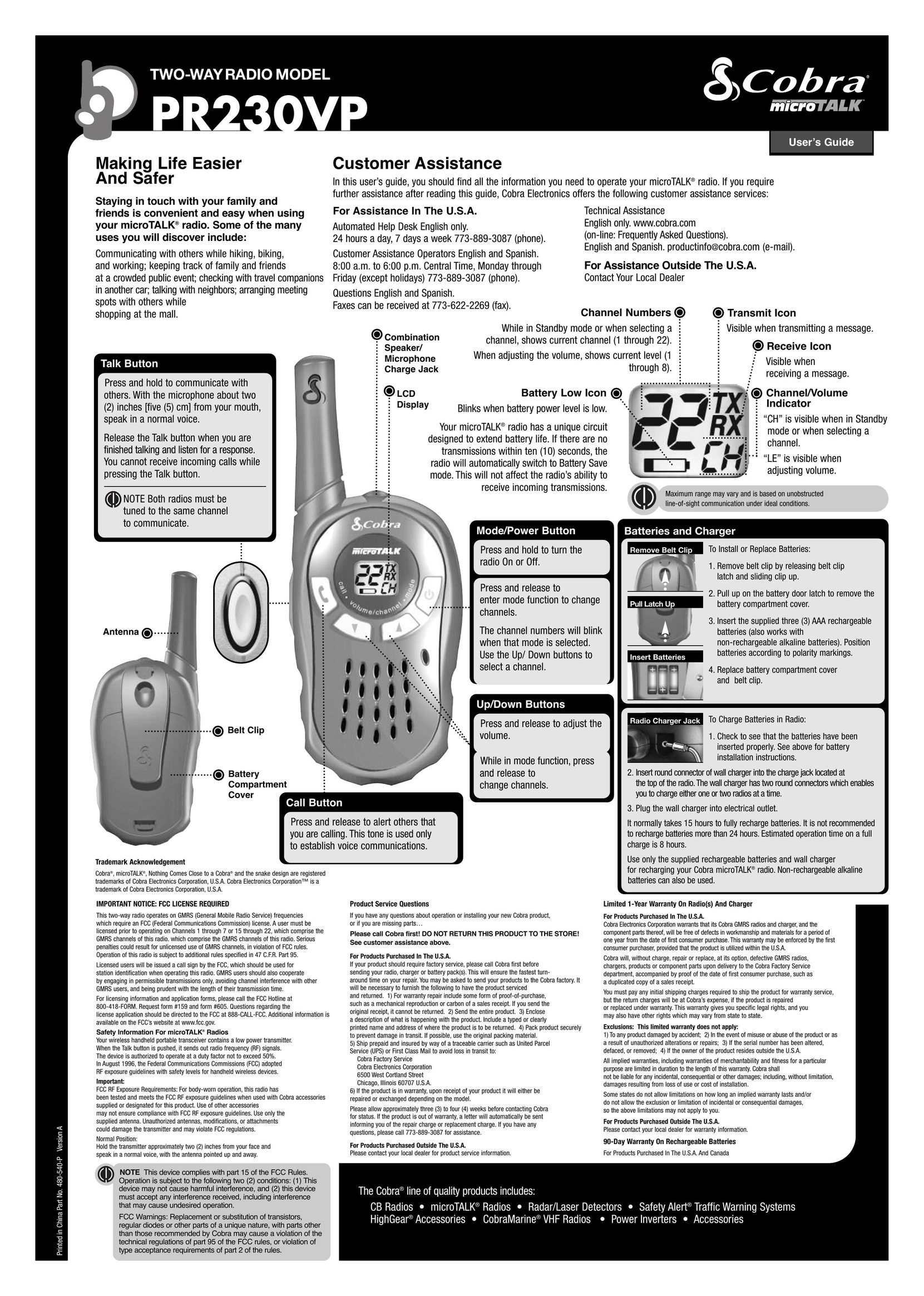 Cobra Digital PR230VP Two-Way Radio User Manual