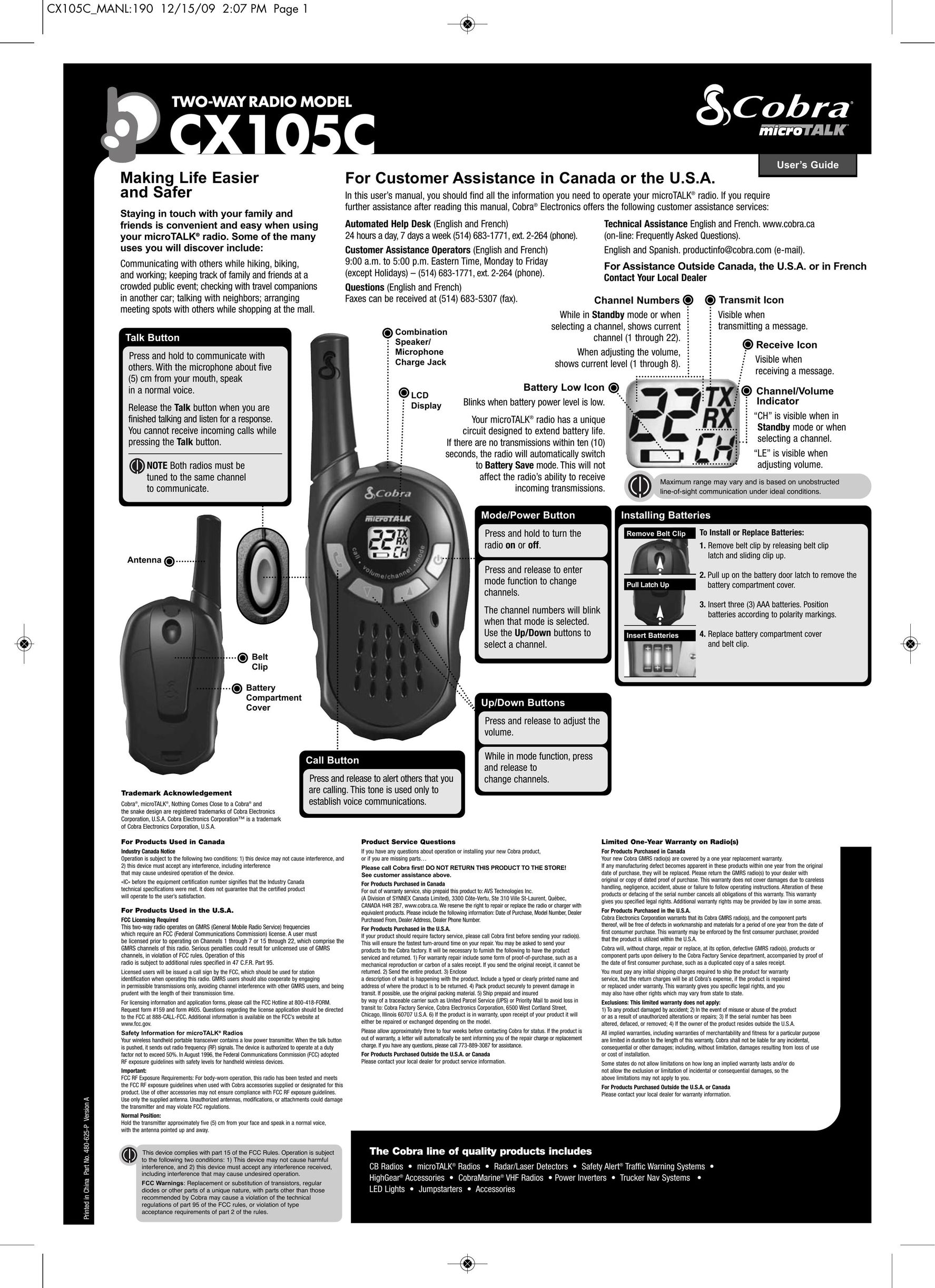 Cobra Electronics CX105C Two-Way Radio User Manual