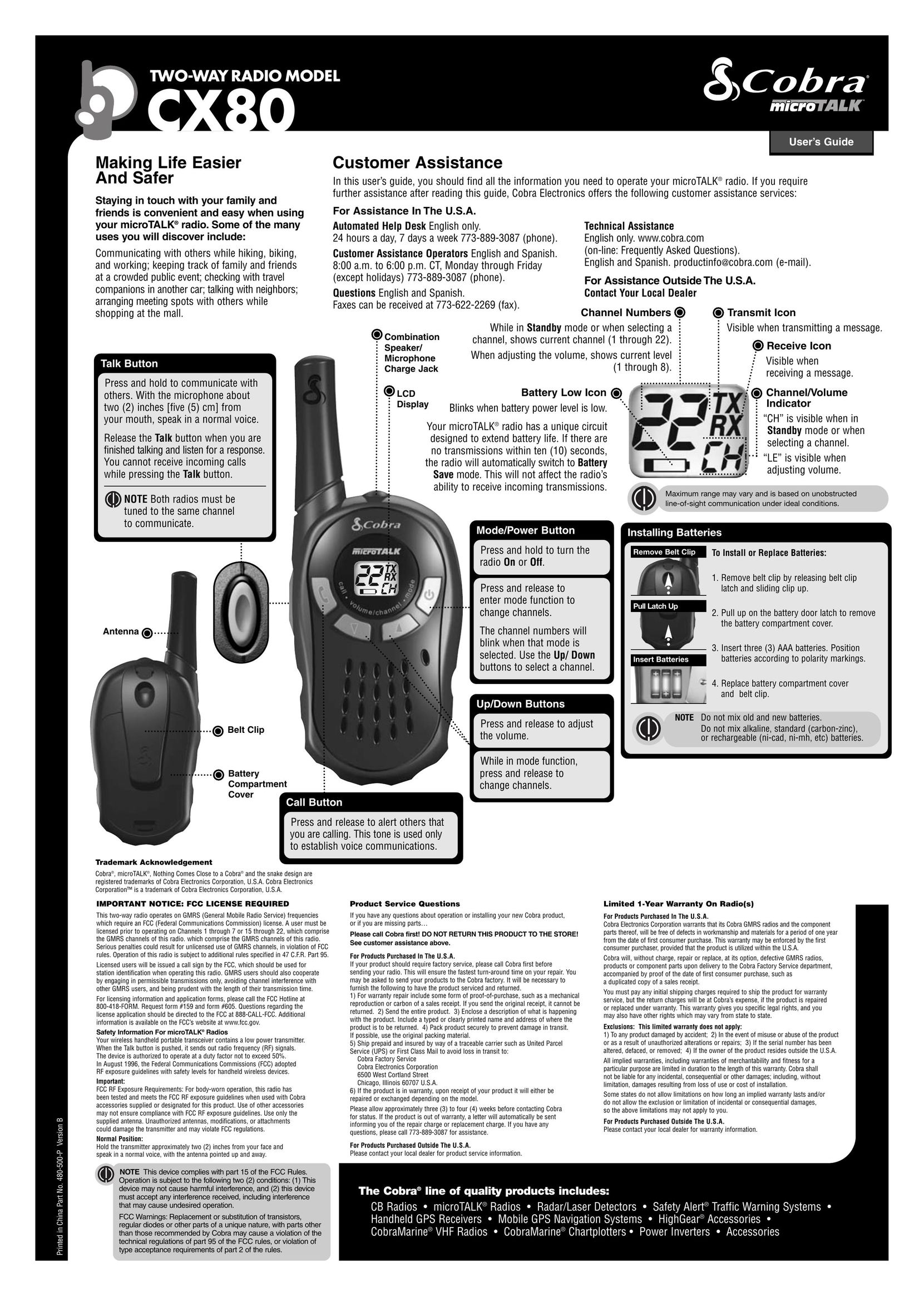 Cobra Electronics CX80 Two-Way Radio User Manual