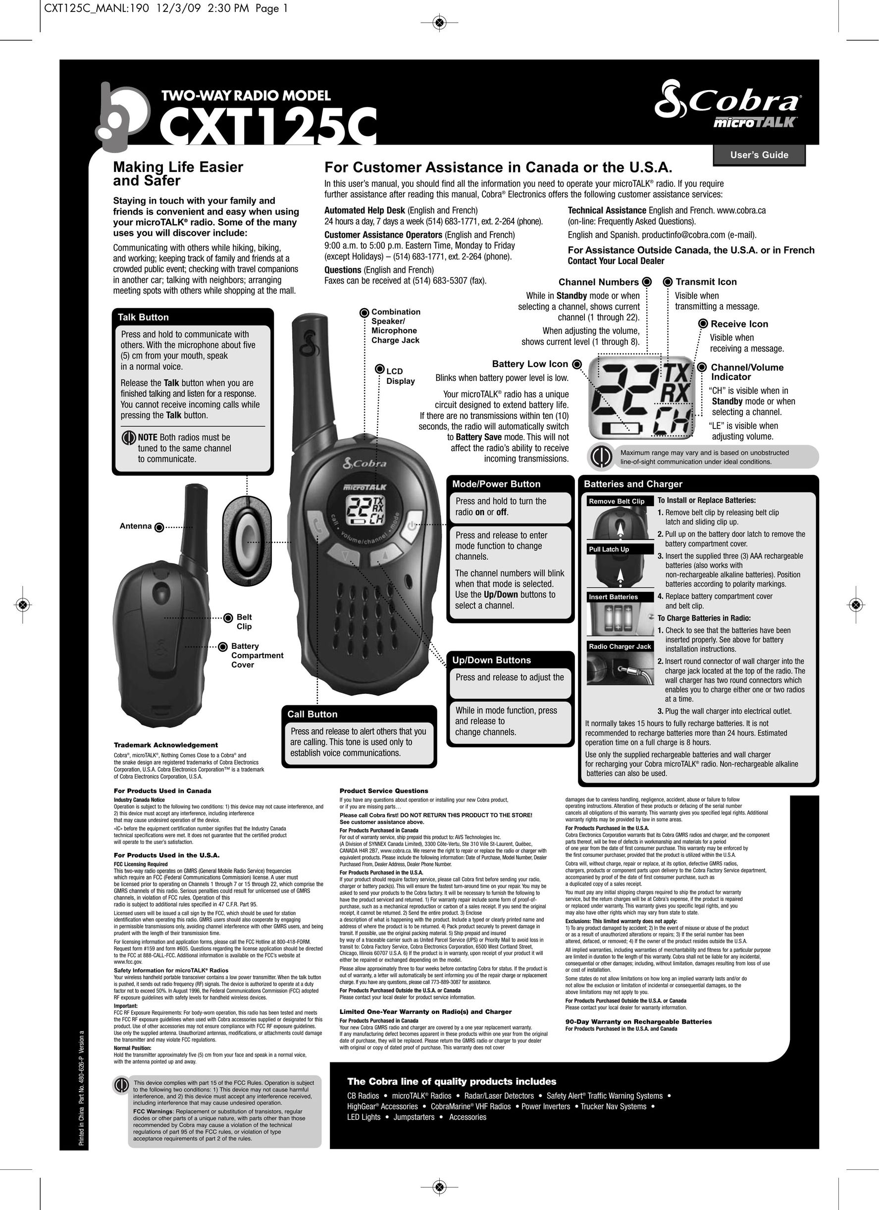 Cobra Electronics CXT125C Two-Way Radio User Manual