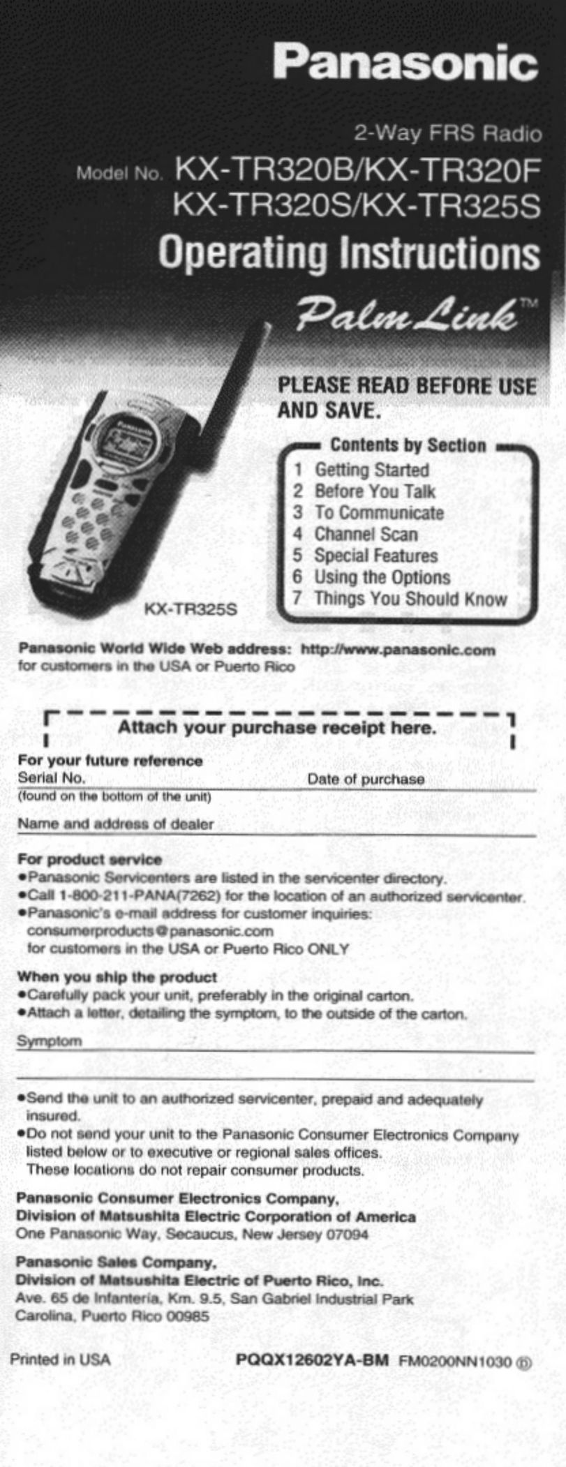 Panasonic KX-TR320S Two-Way Radio User Manual