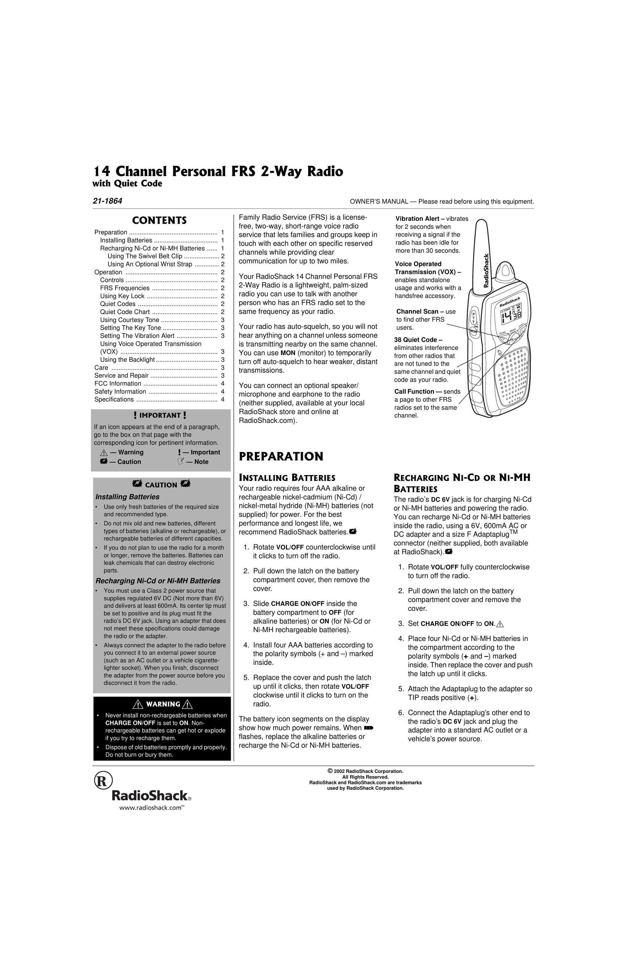 Radio Shack 21-1864 Two-Way Radio User Manual
