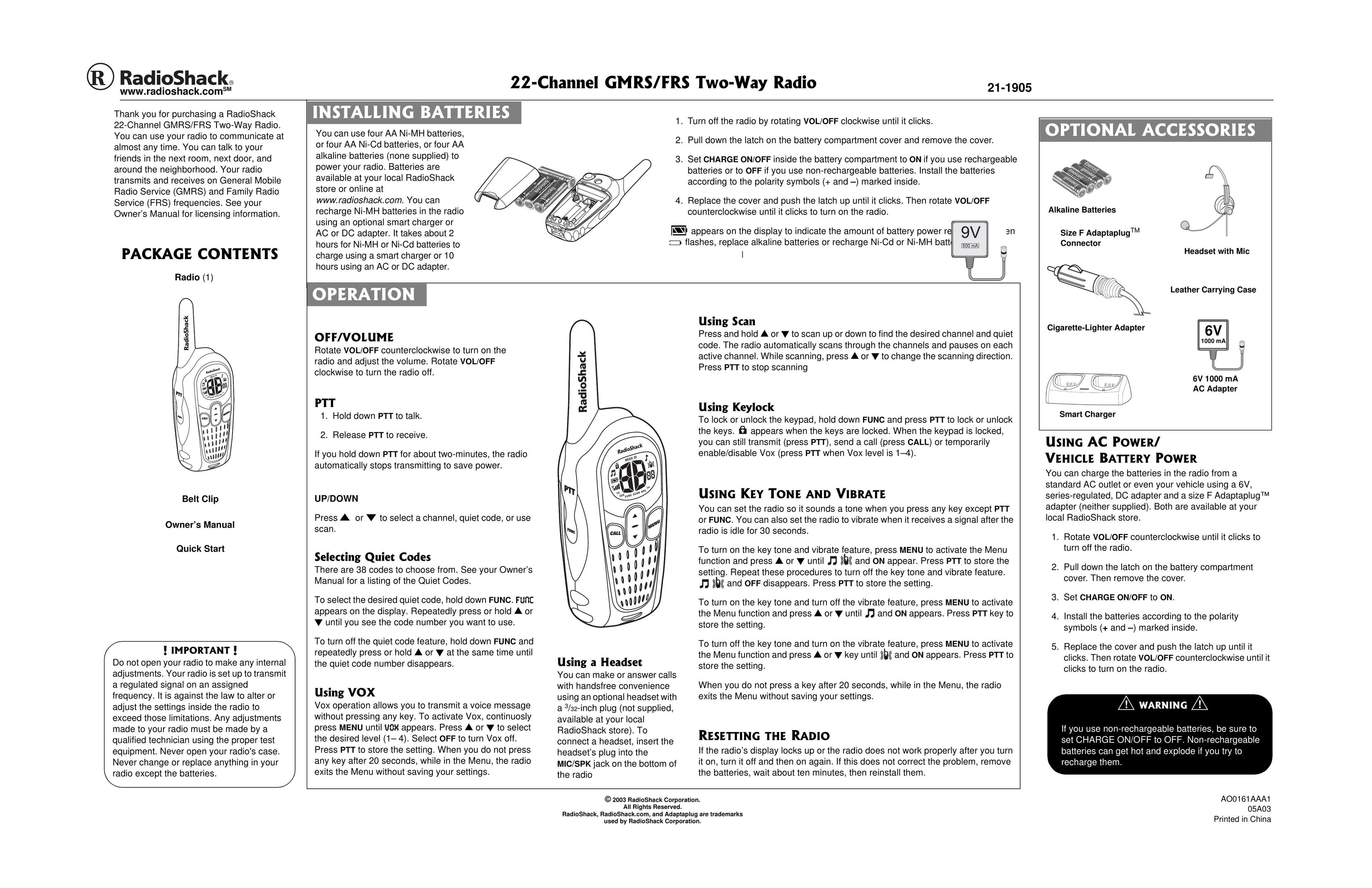 Radio Shack 21-1905 Two-Way Radio User Manual
