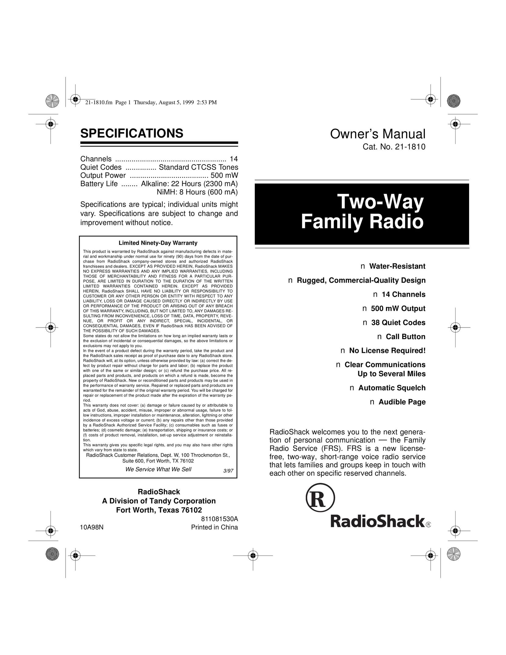 Radio Shack 811081530A Two-Way Radio User Manual