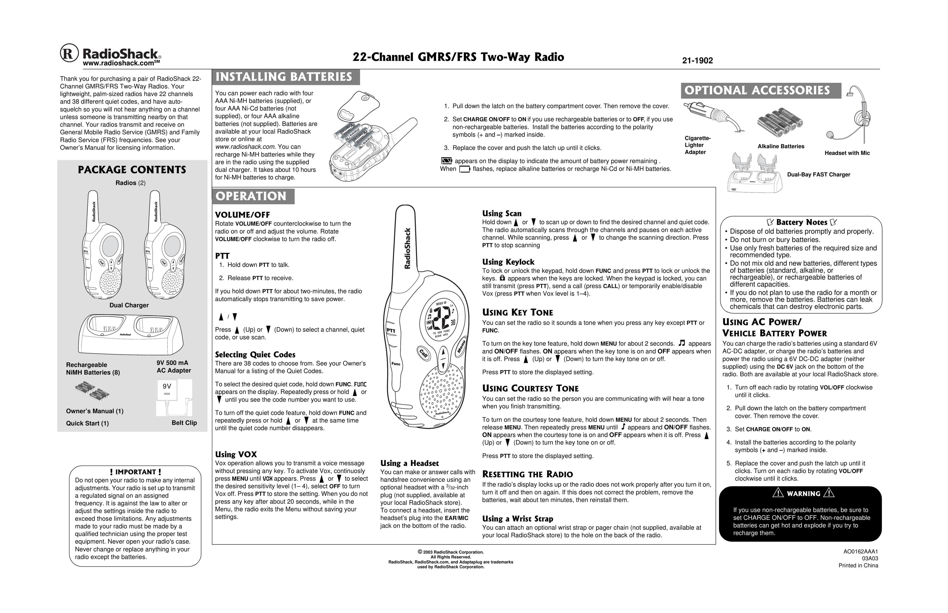 Radio Shack AO0162AAA1 Two-Way Radio User Manual