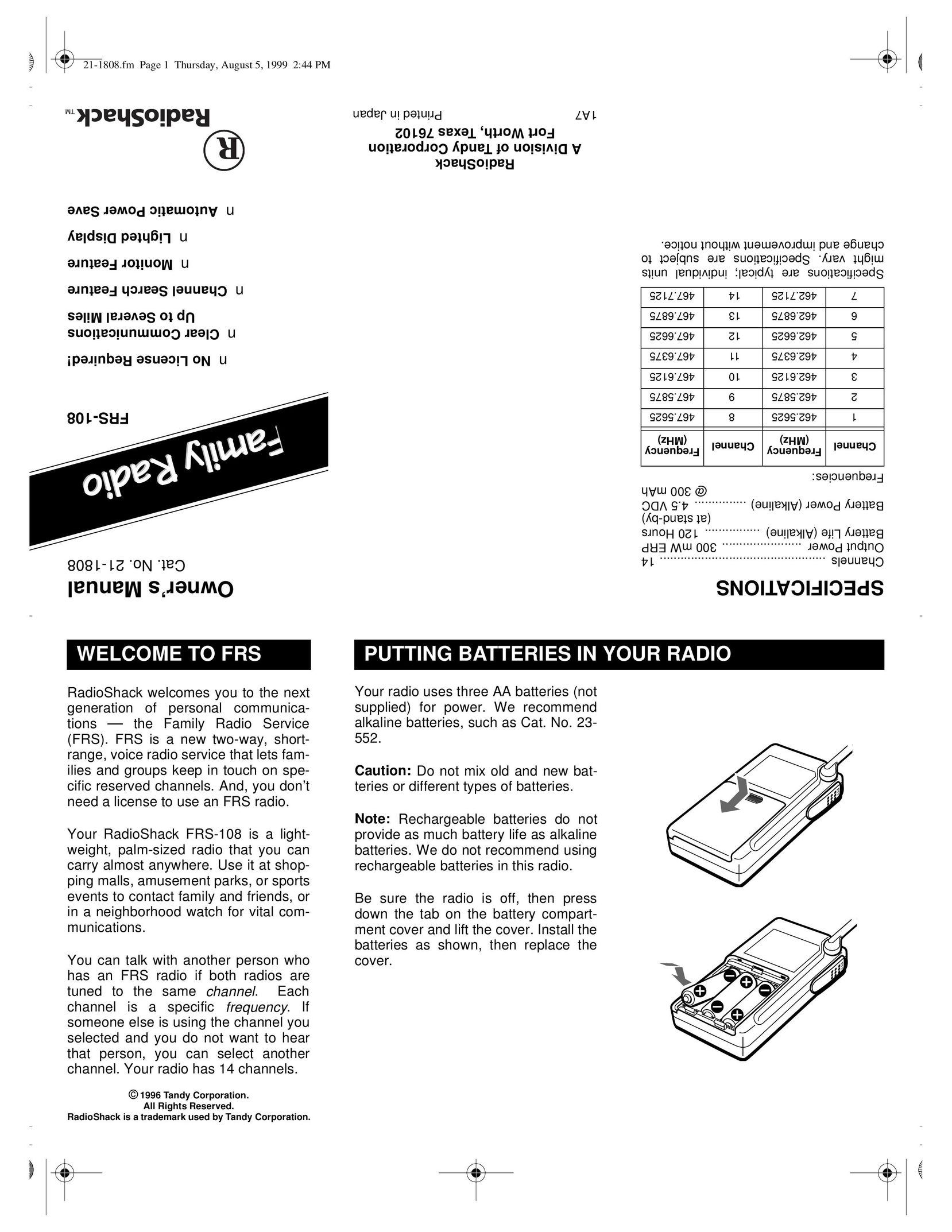 Radio Shack FRS-108 Two-Way Radio User Manual