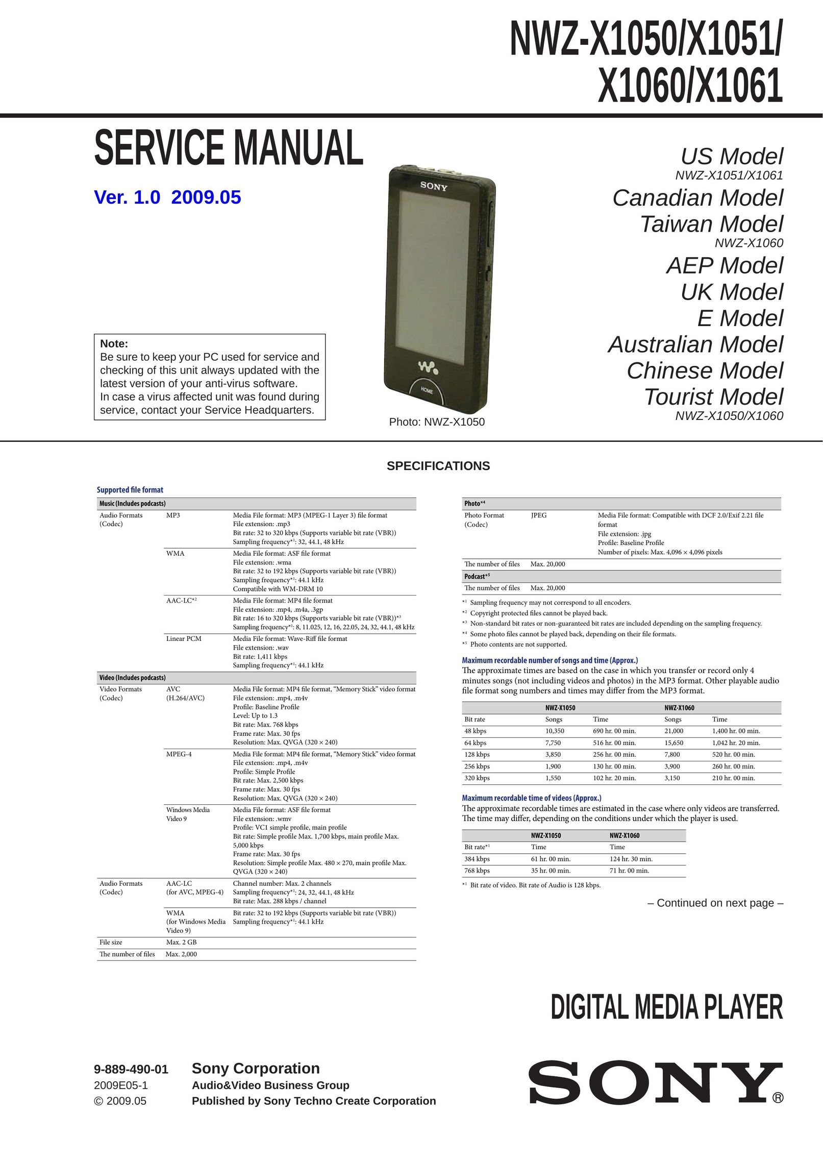 Sony NWZ-X1051 Two-Way Radio User Manual