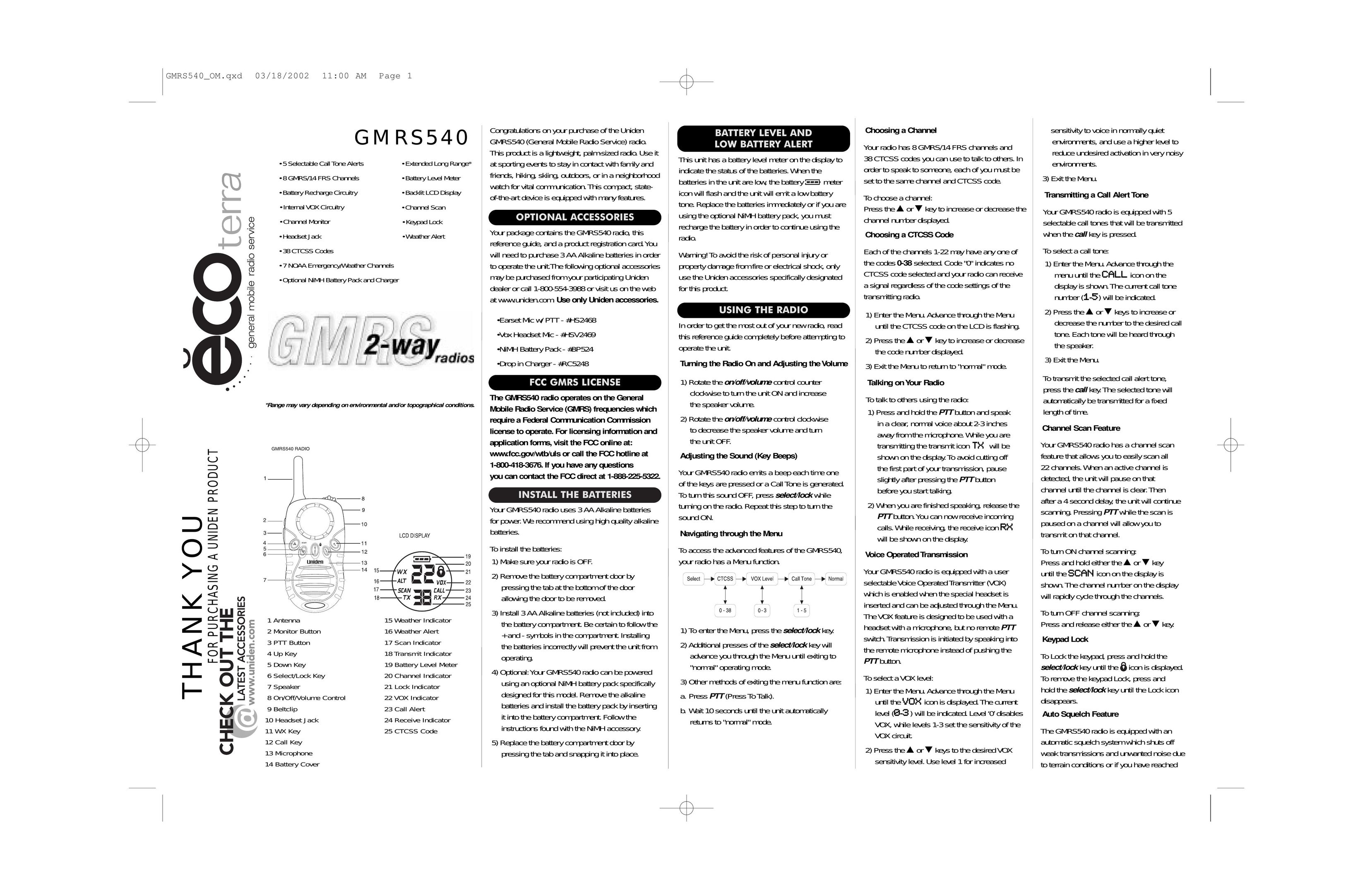 Uniden GMRS540 Two-Way Radio User Manual