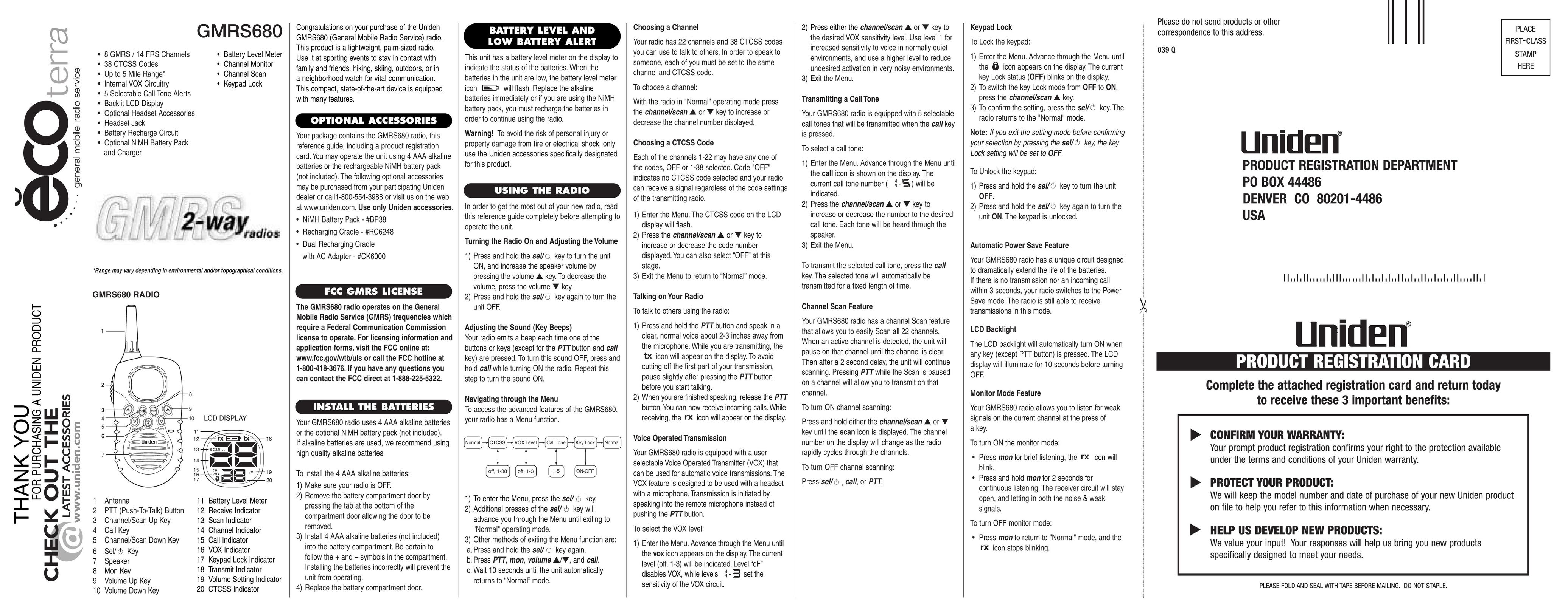 Uniden GMRS680 Two-Way Radio User Manual