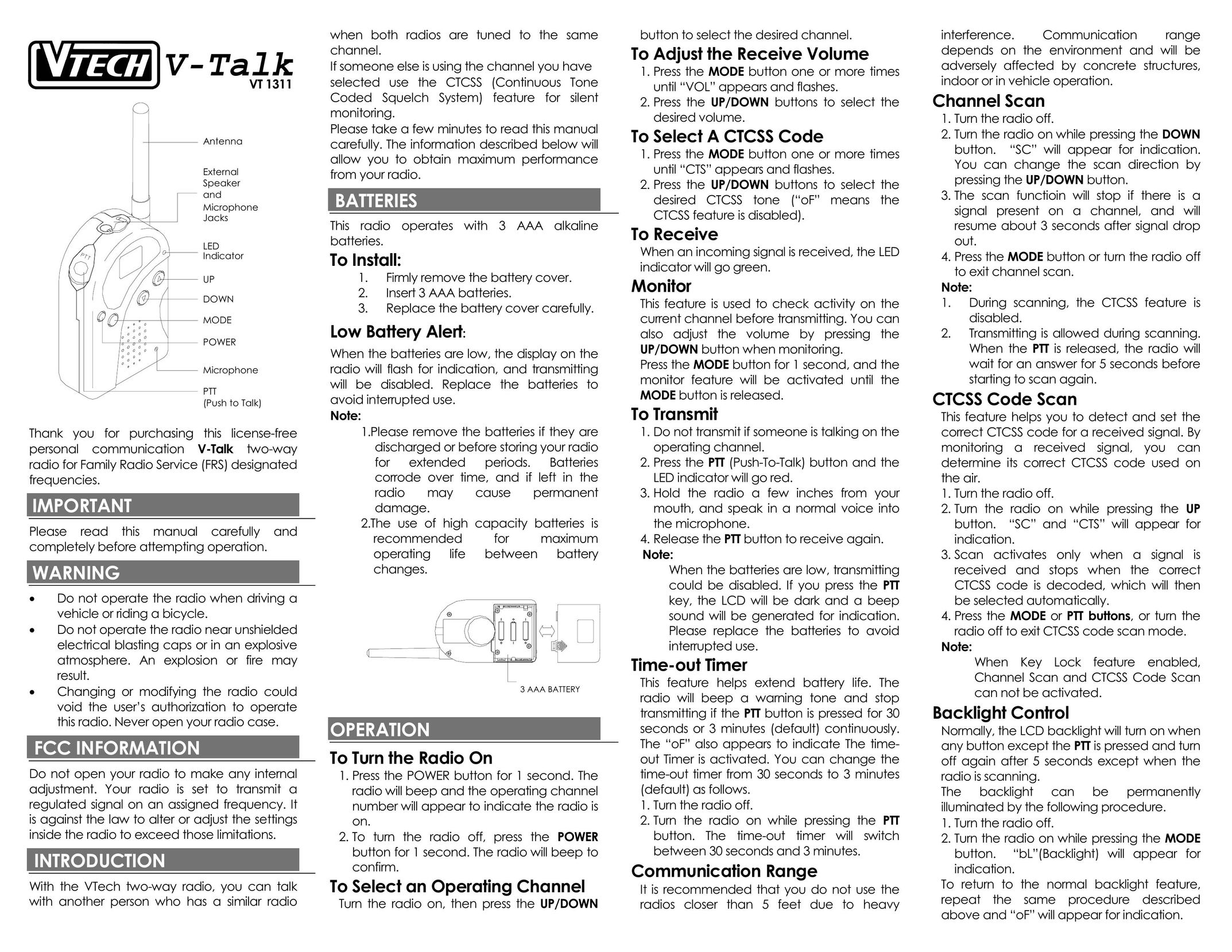 VTech VT 1311 Two-Way Radio User Manual