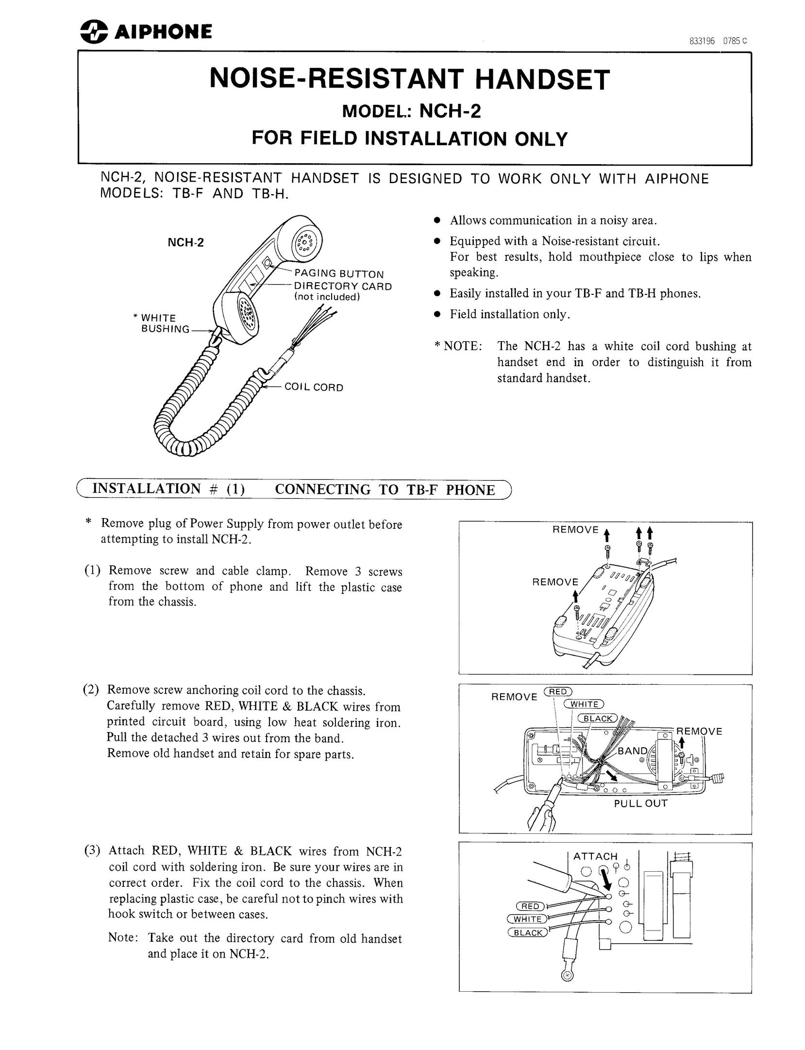 Aiphone nch-2 Wireless Office Headset User Manual