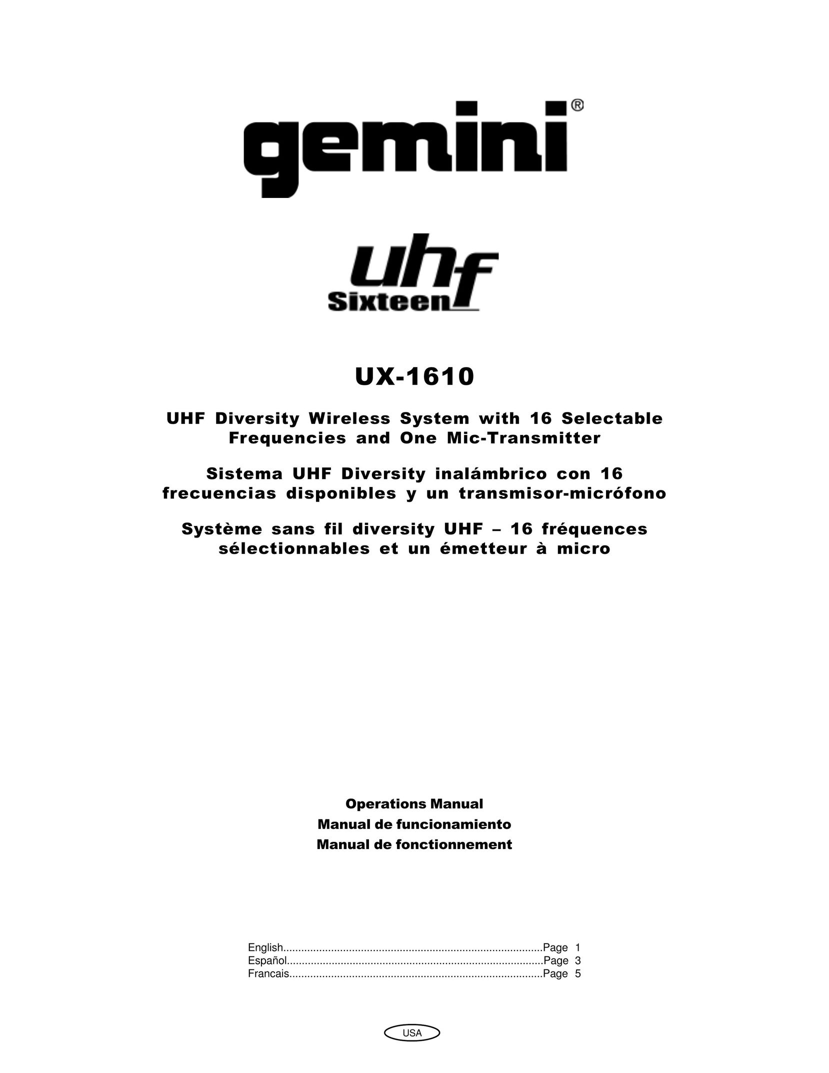 Gemini UX-1610 Wireless Office Headset User Manual
