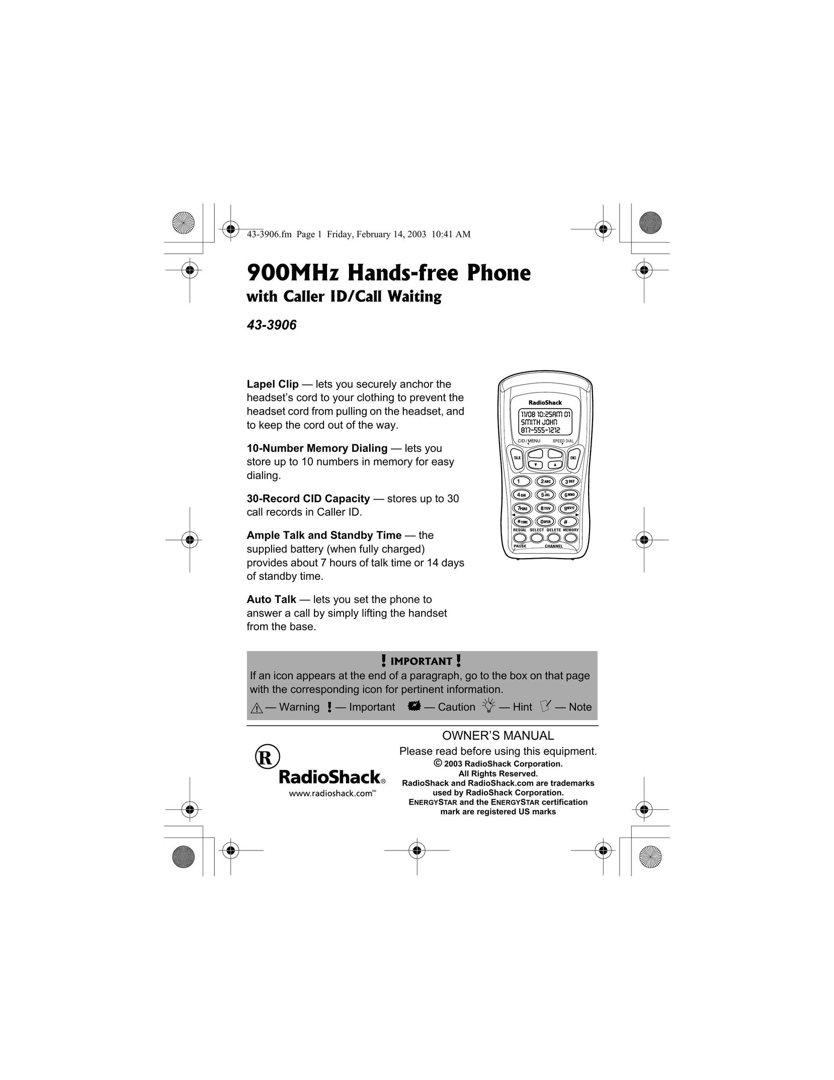 Radio Shack 43-3906 Wireless Office Headset User Manual