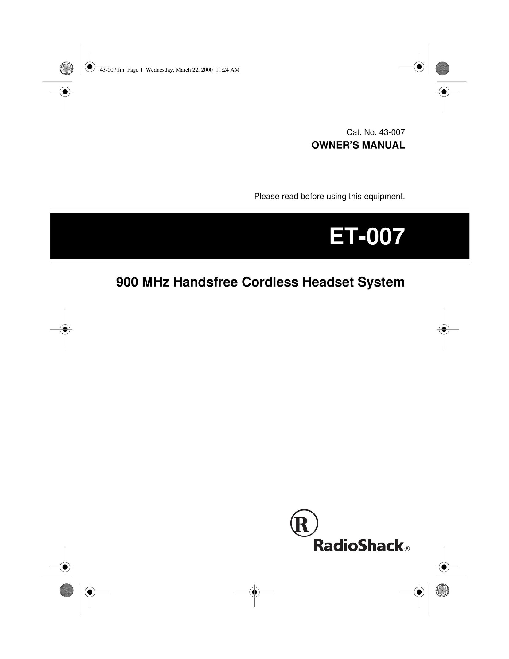 Radio Shack ET-007 Wireless Office Headset User Manual