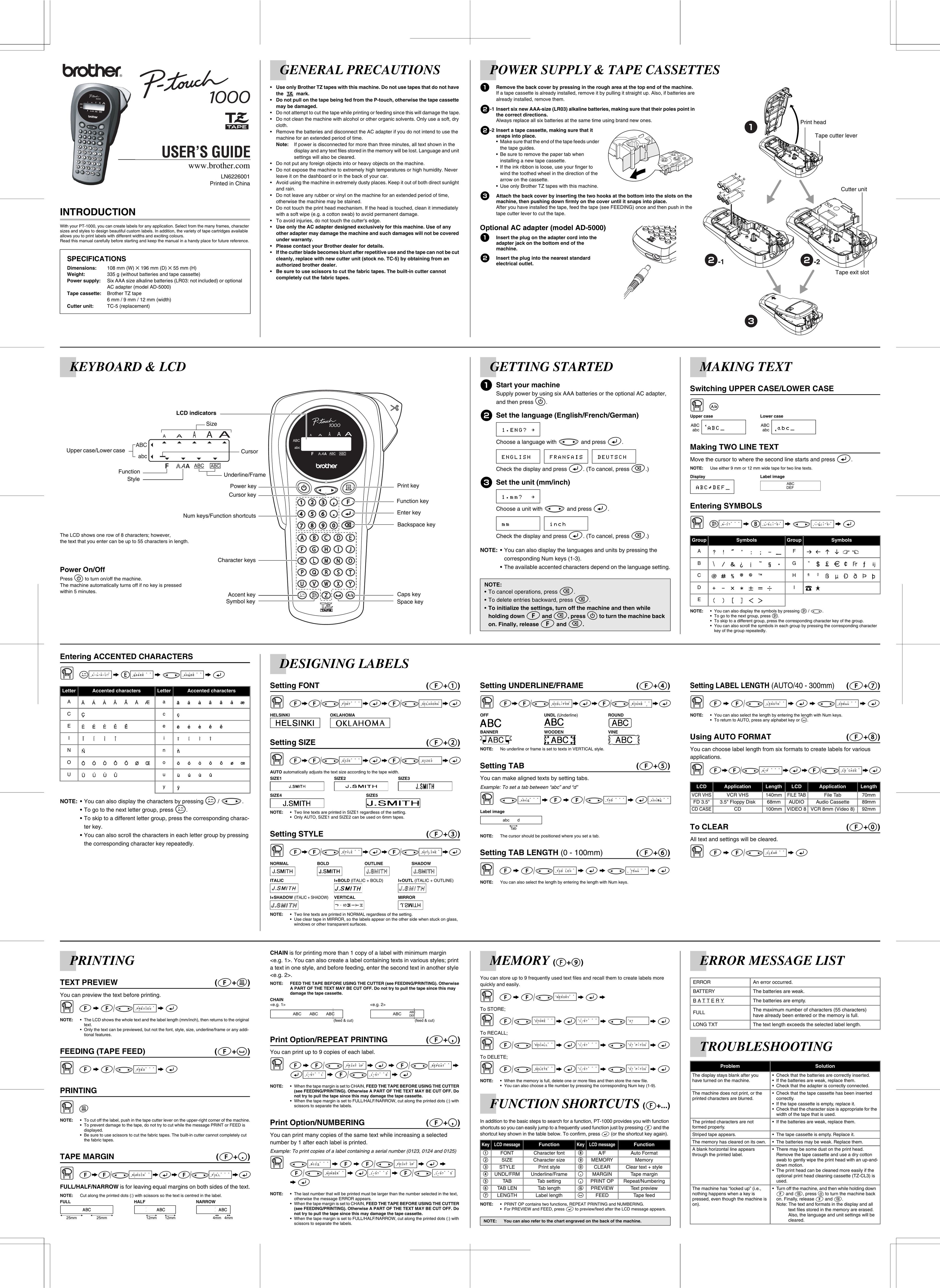 Brother 1000 All in One Printer User Manual