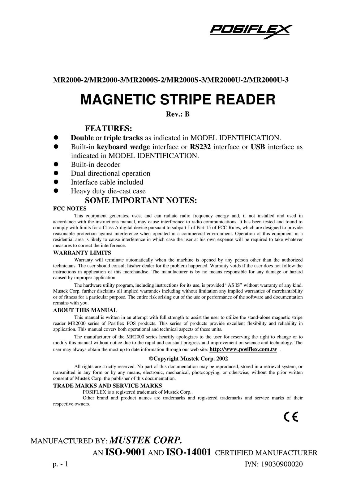 POSIFLEX Business Machines MR2000-2 Barcode Reader User Manual
