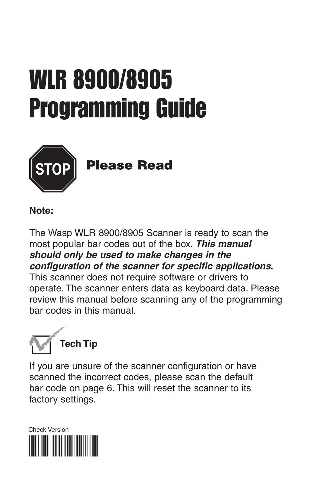 Wasp Bar Code WLR8900 Barcode Reader User Manual