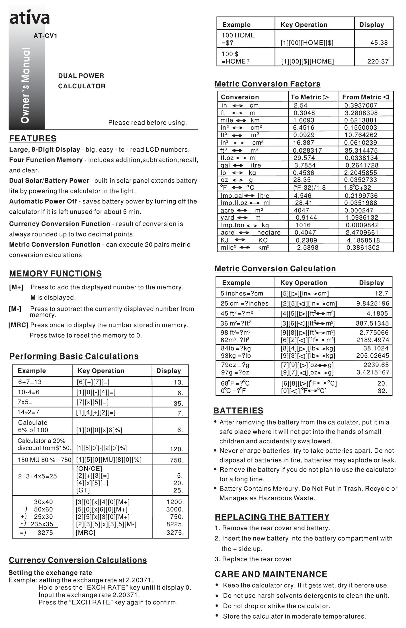 Ativa PET720 Calculator User Manual