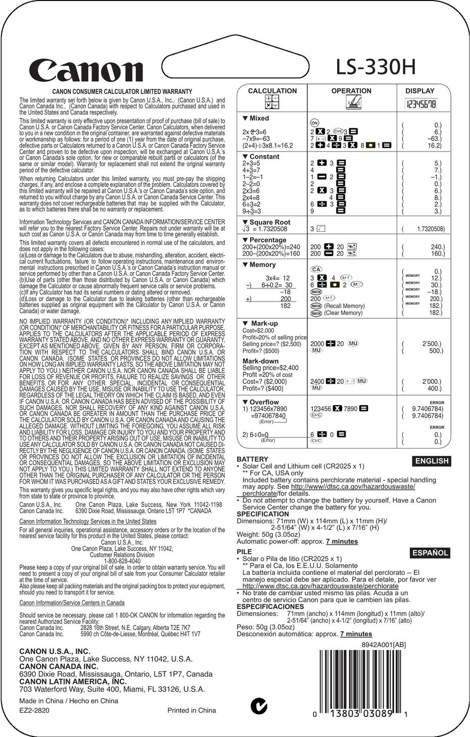 Canon LS-330H Calculator User Manual