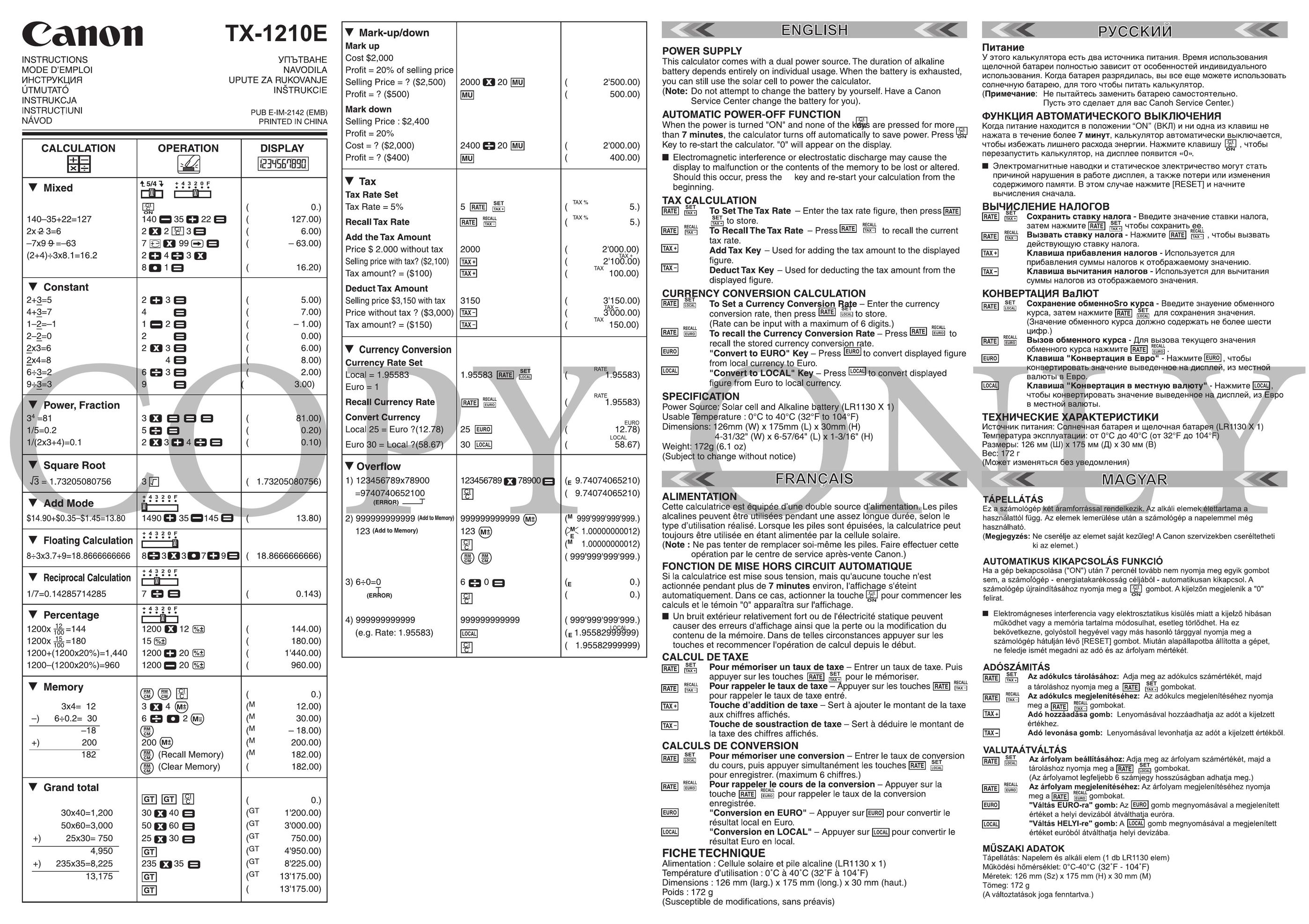 Canon TX-1210E Calculator User Manual