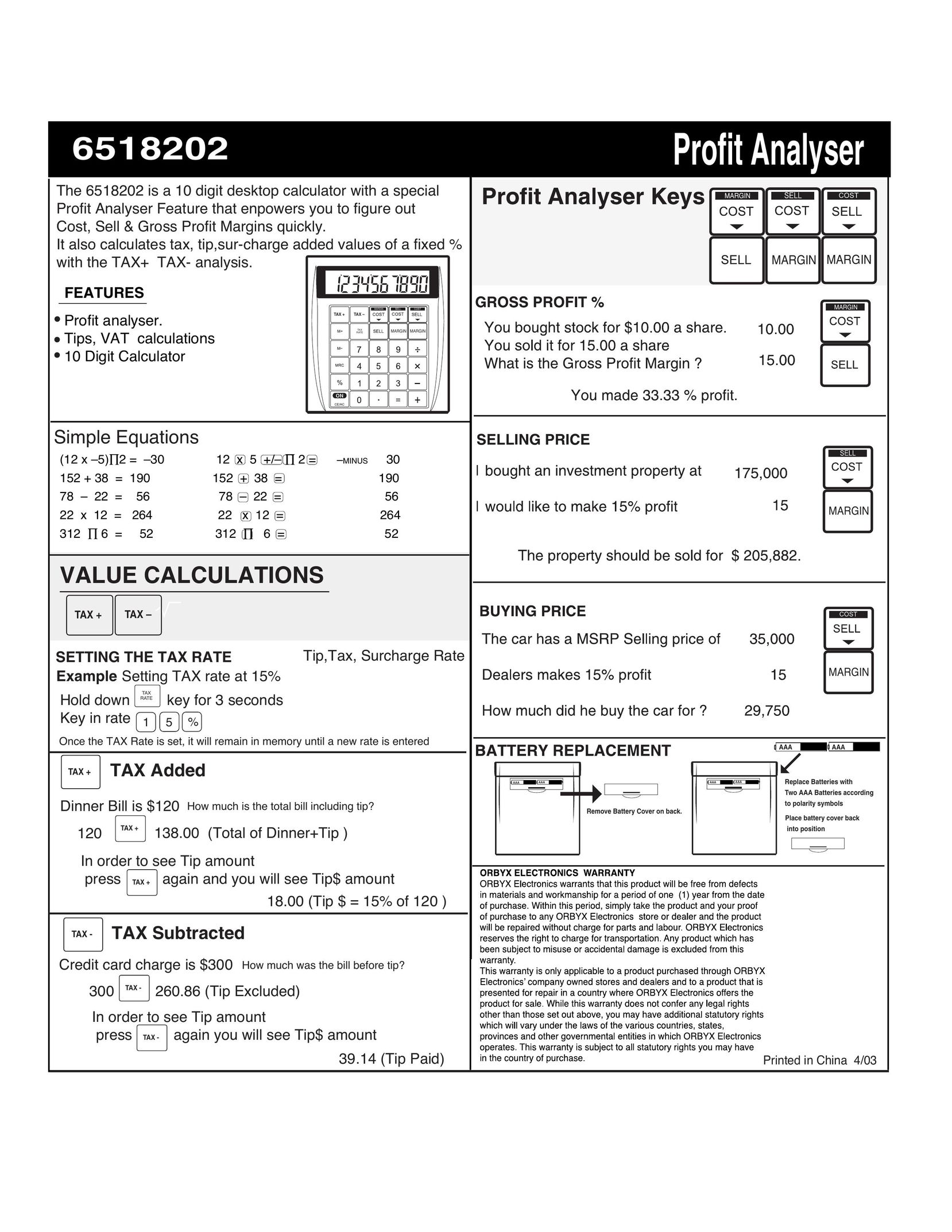 Datexx 6518202 Calculator User Manual