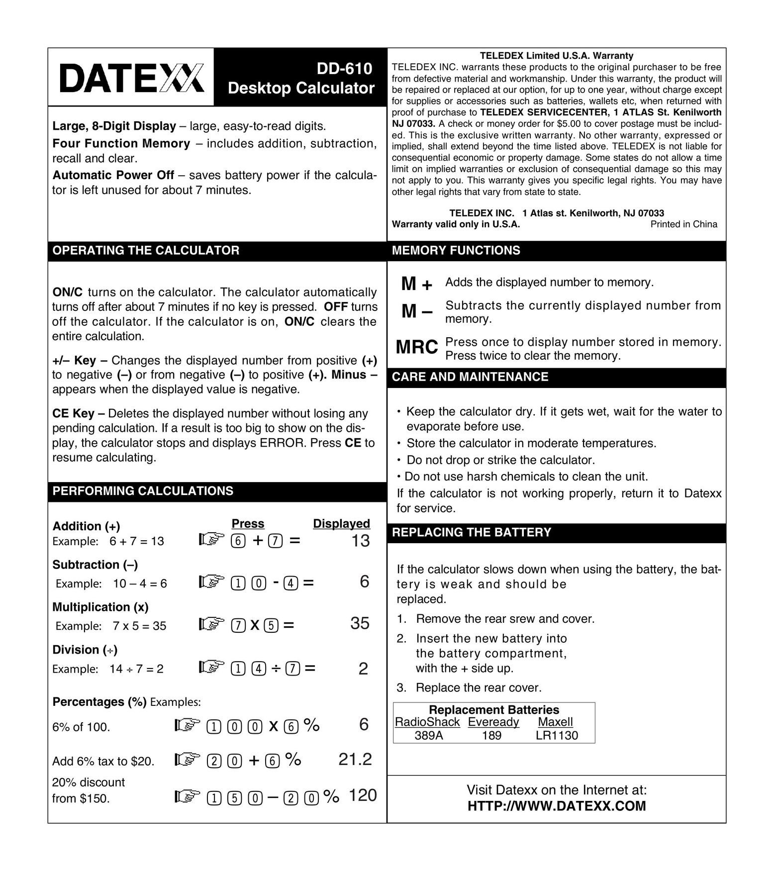 Datexx DD-610 Calculator User Manual