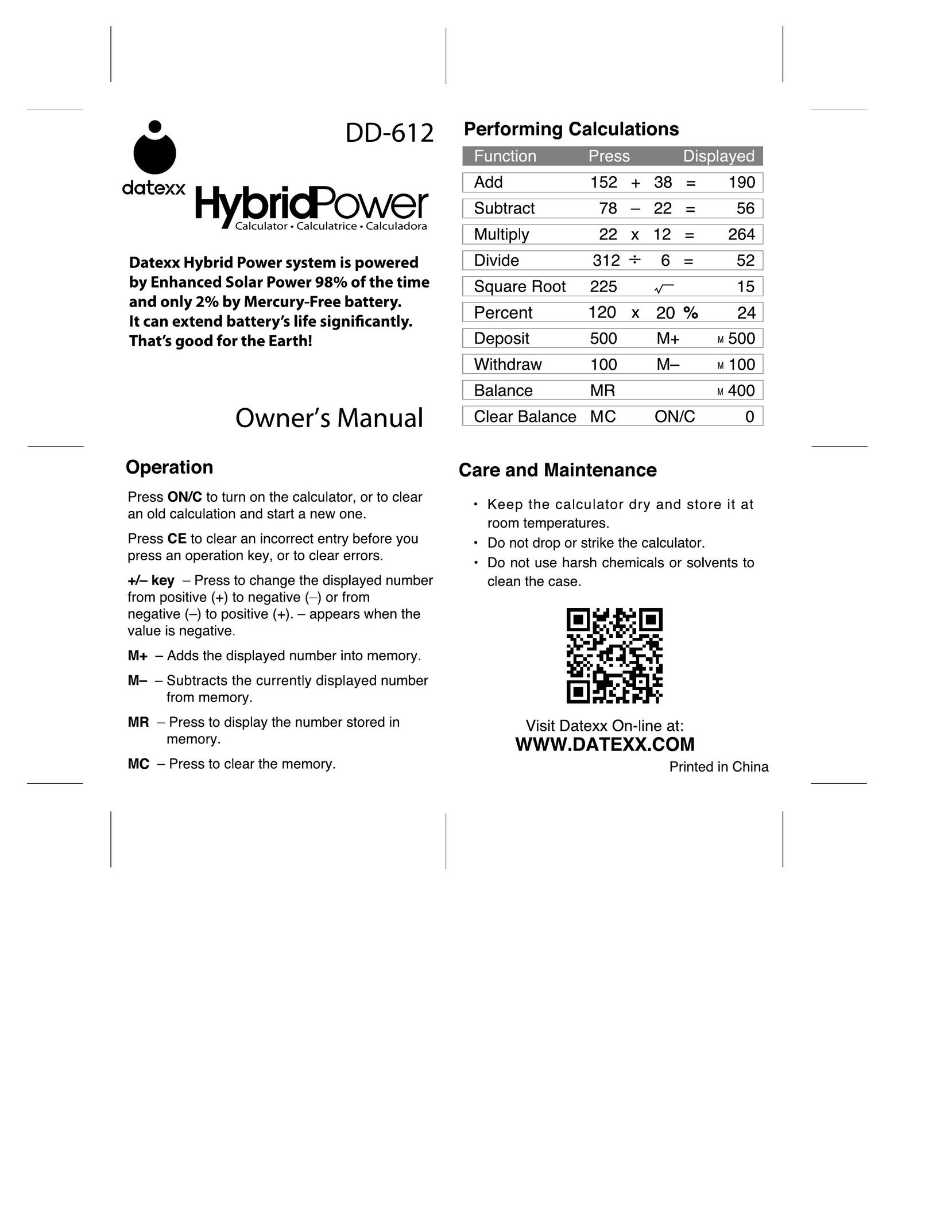Datexx DD-612 Calculator User Manual
