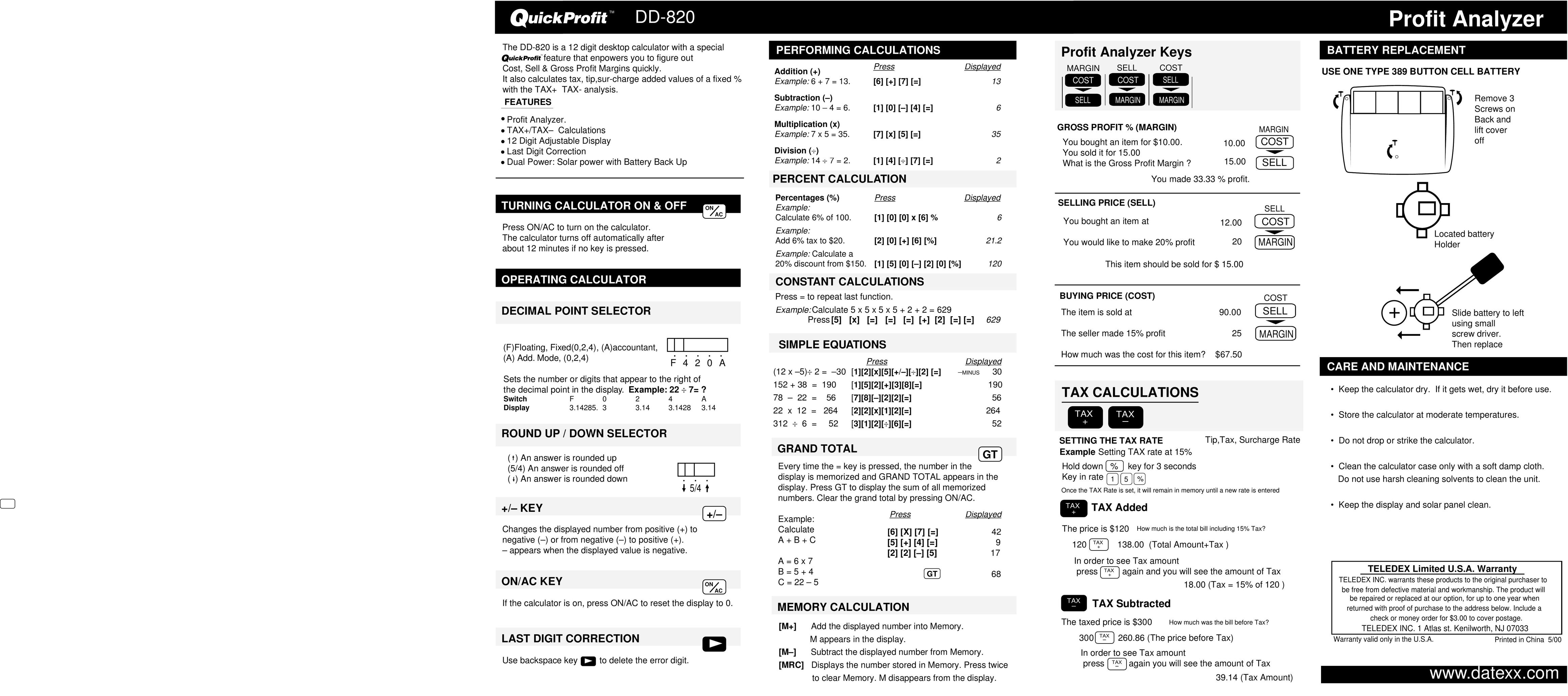 Datexx DD-820 Calculator User Manual