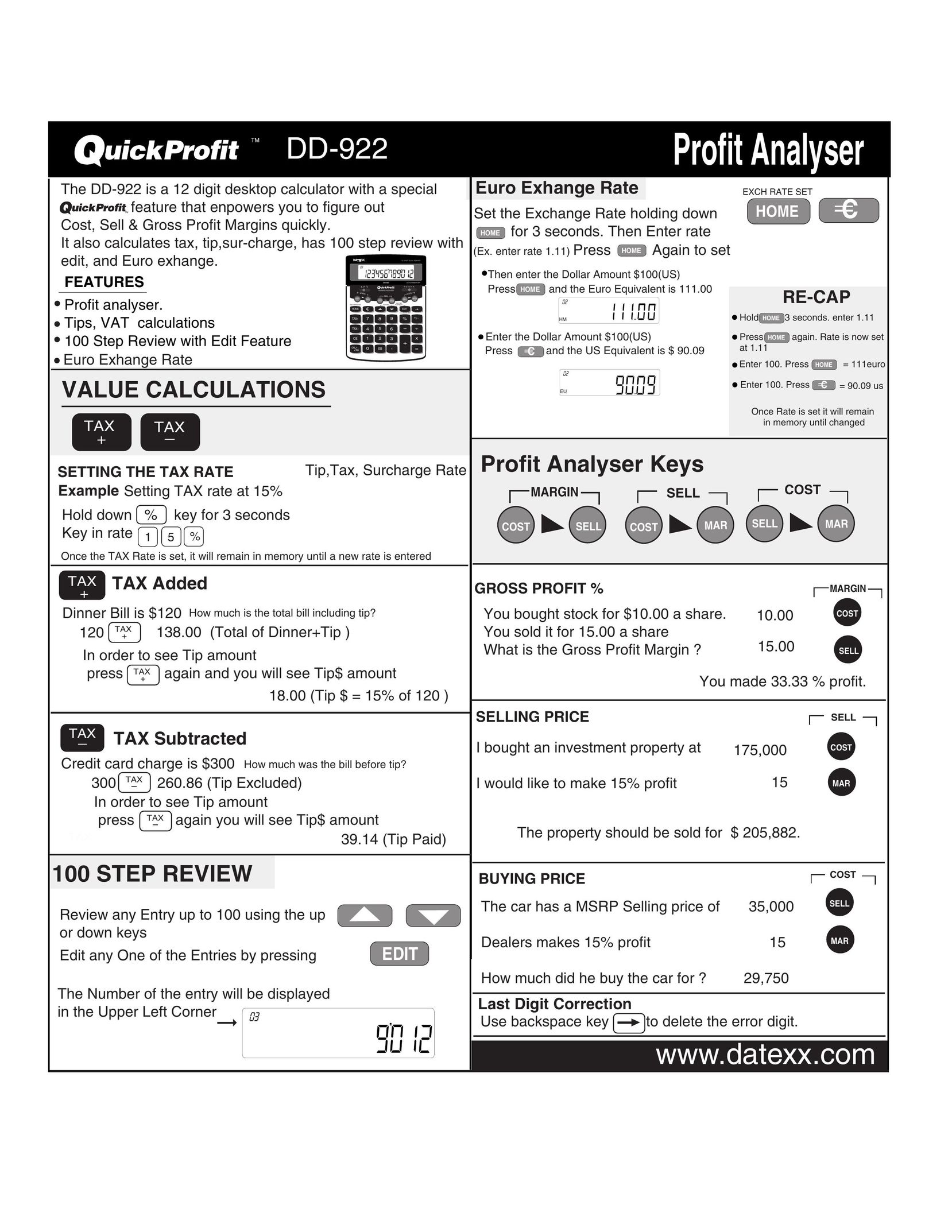 Datexx DD-922 Calculator User Manual