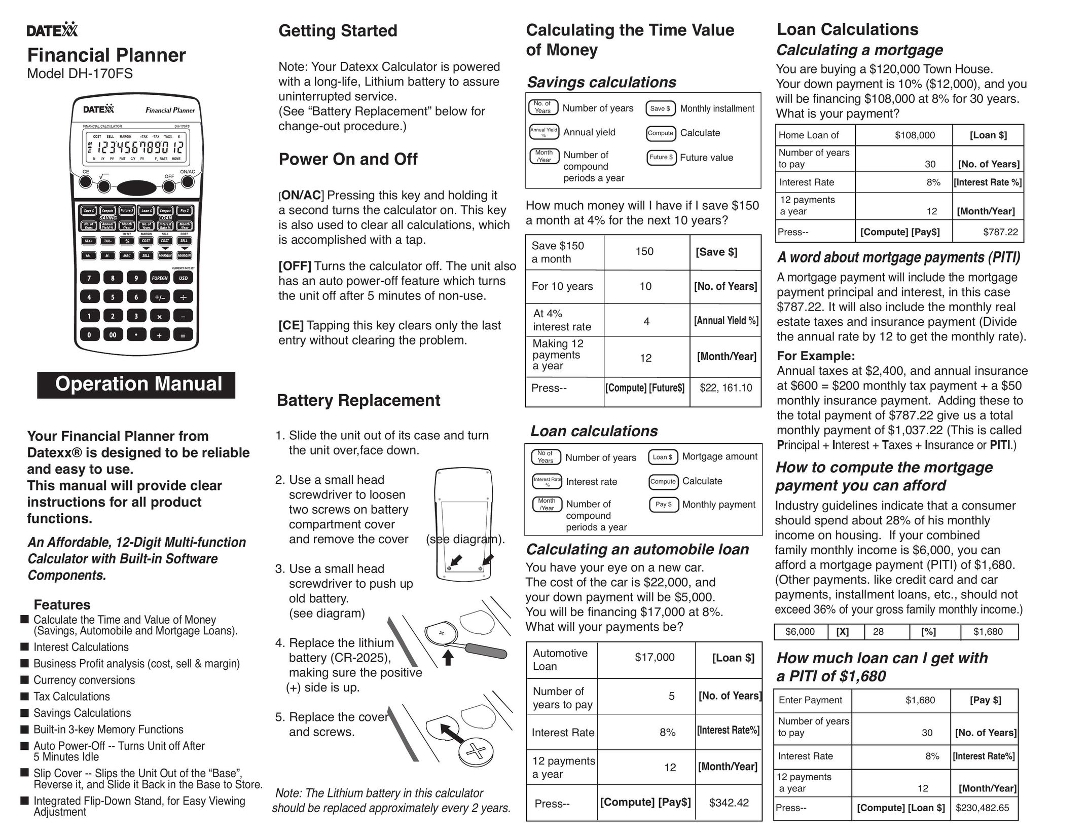 Datexx DH-170FS Calculator User Manual
