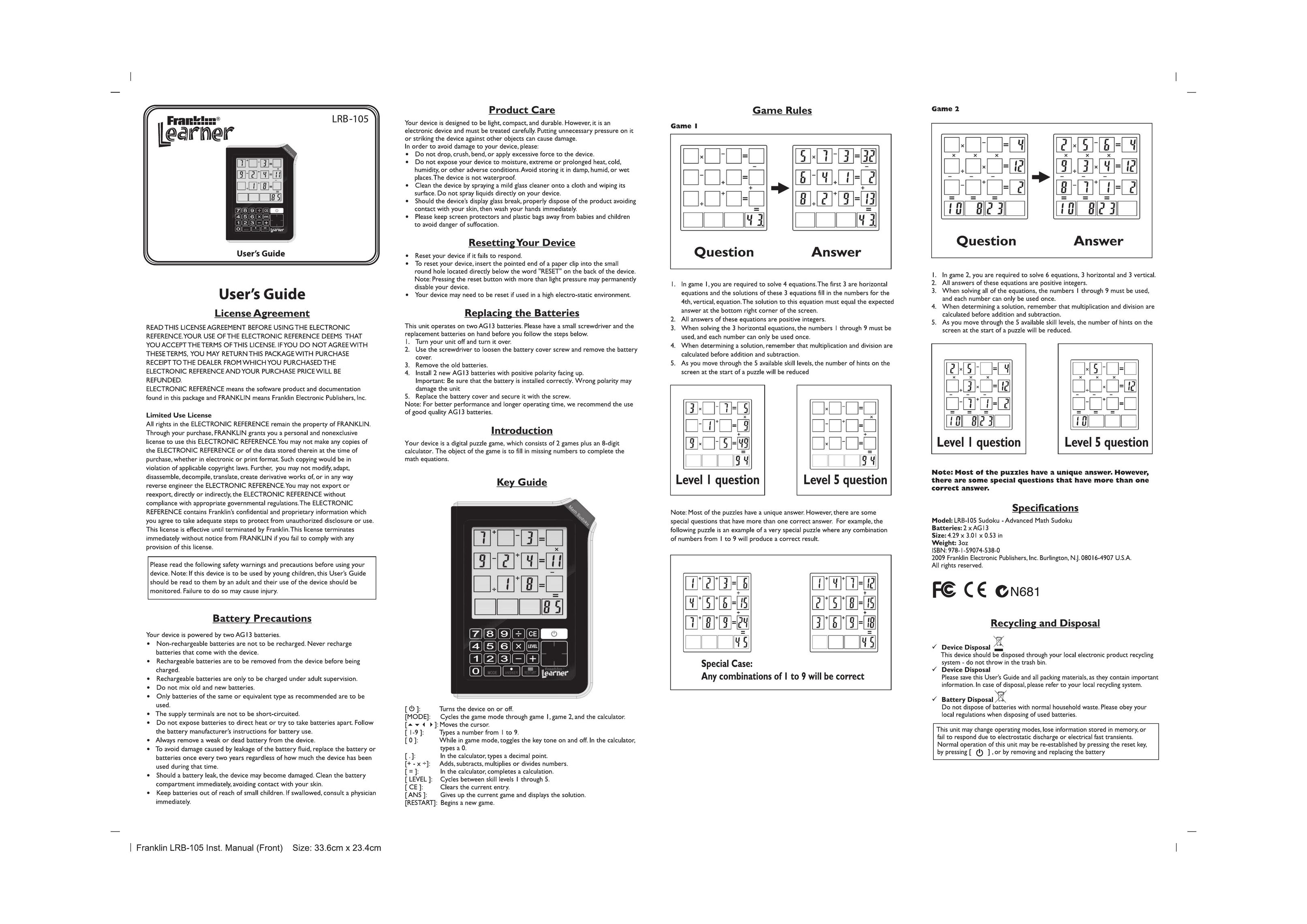 Franklin LRB-105 Calculator User Manual