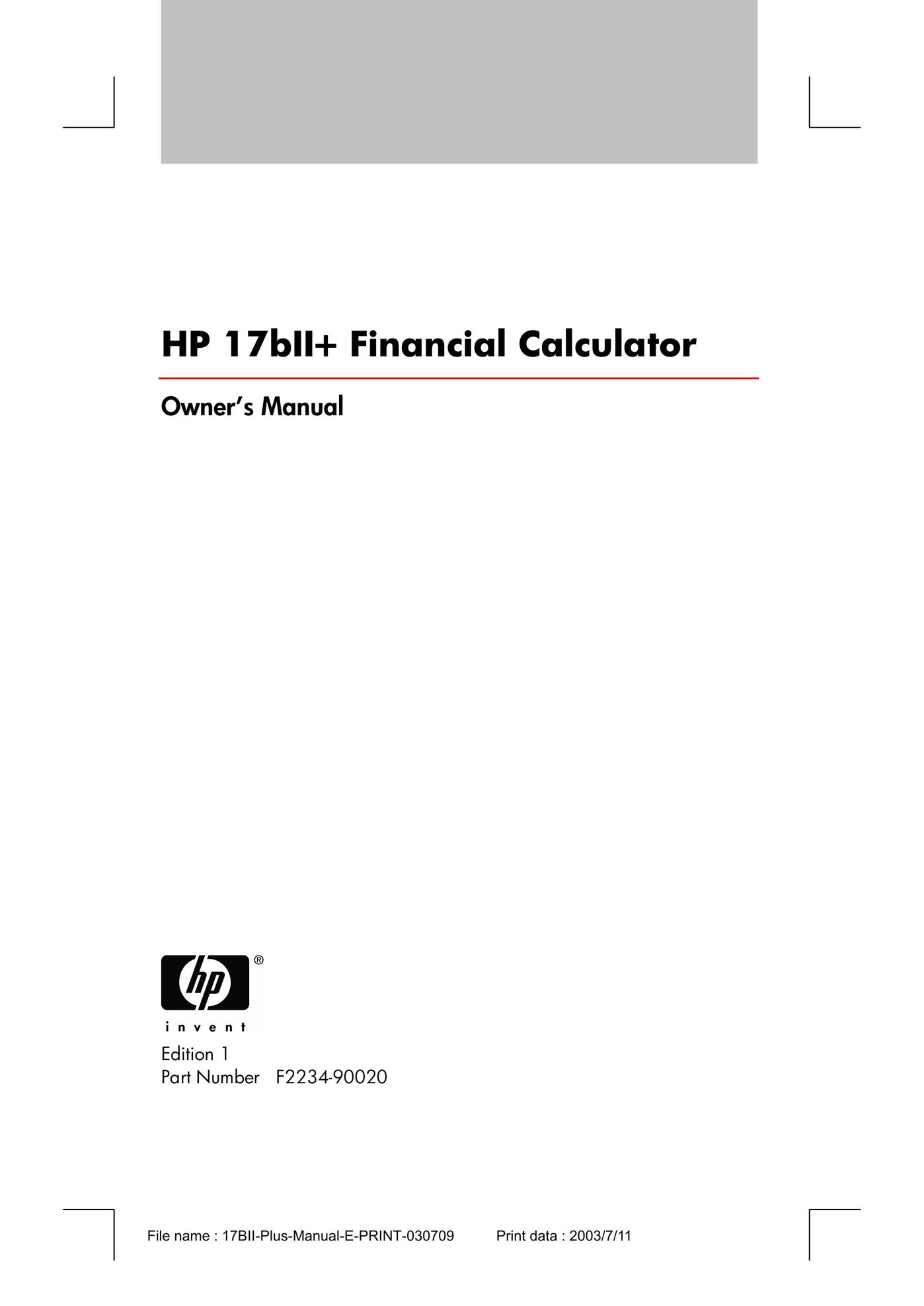 HP (Hewlett-Packard) HP 17bII+ Calculator User Manual